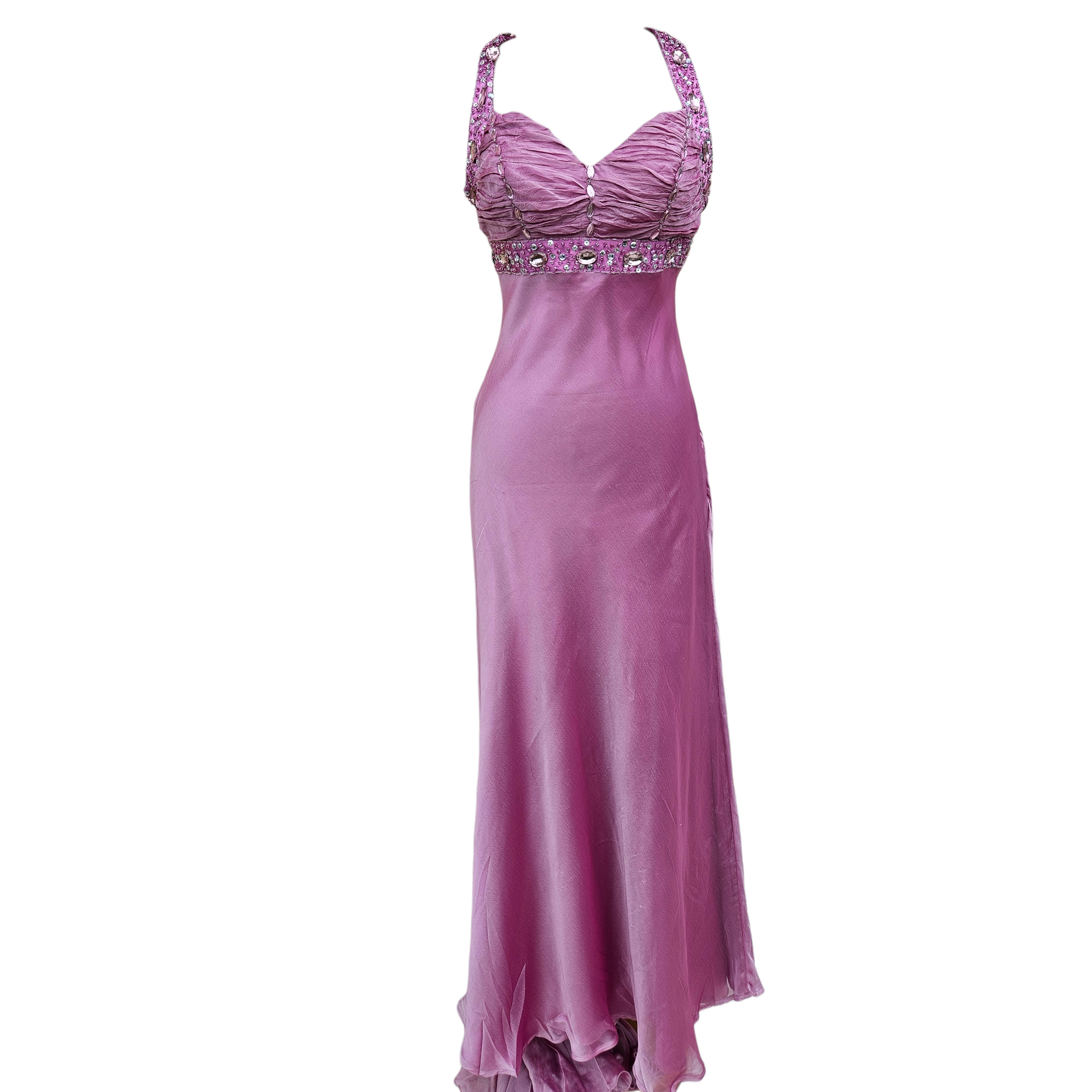 Vintage pink beaded evening gown with sheer embellished back, fairycore prom dress with rhinestones and flowing train by Lucid Dream 2007