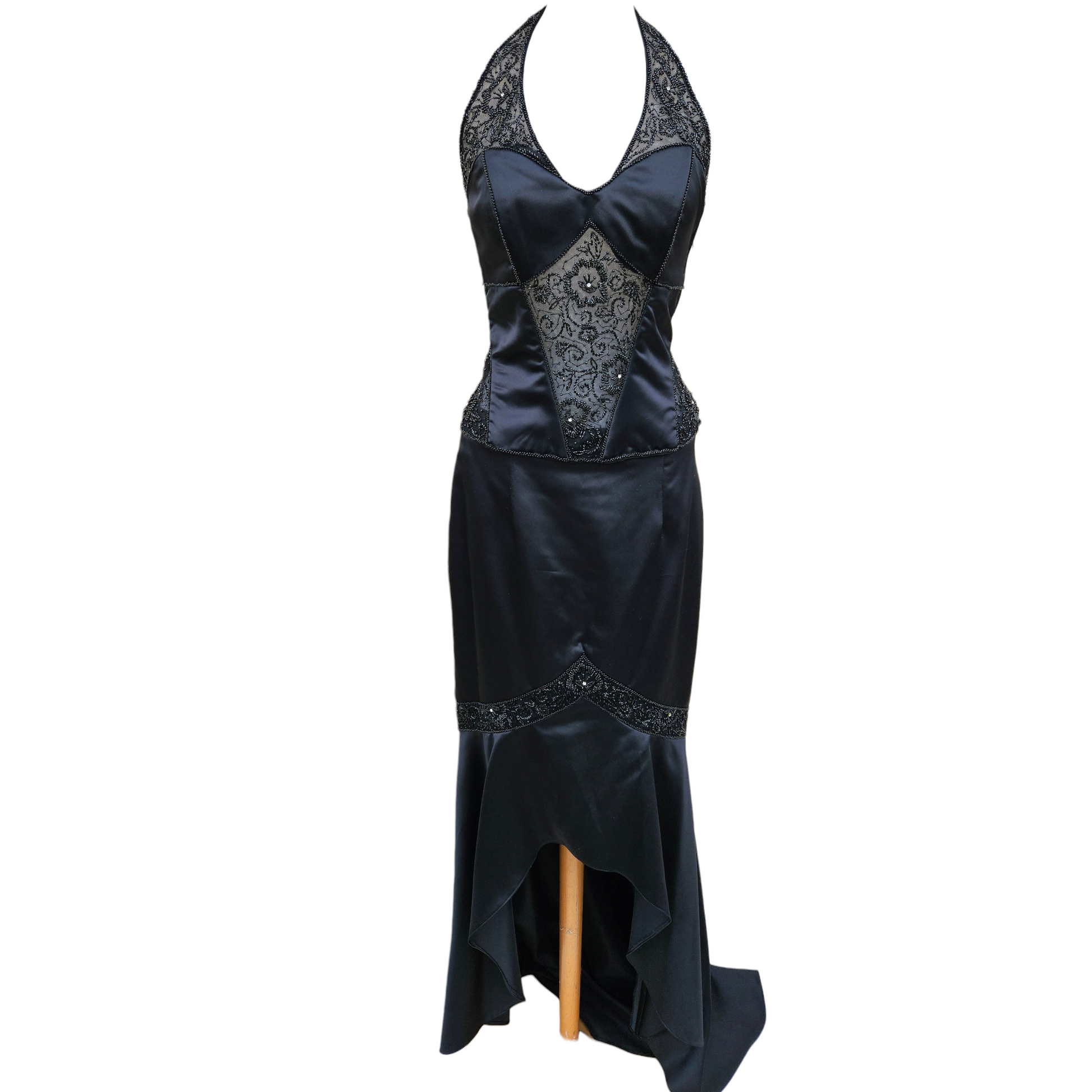 Black vintage halter neck evening gown with beaded corset bodice, lace details and satin panels, elegant y2k gothic evening dress.