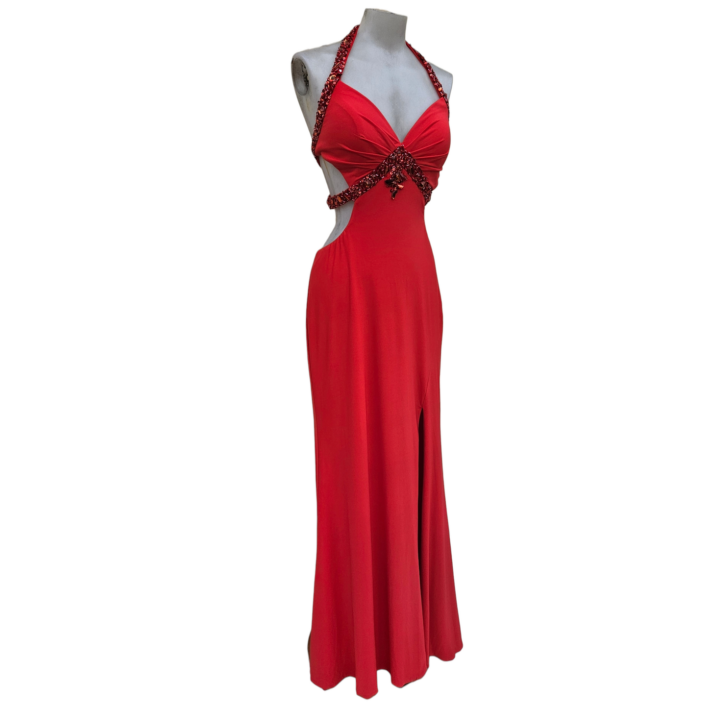 Red vintage halter gown with beaded straps and side cut-outs, glamorous Y2K evening dress with sultry fairycore and prom vibes by Lucid Dream 2007