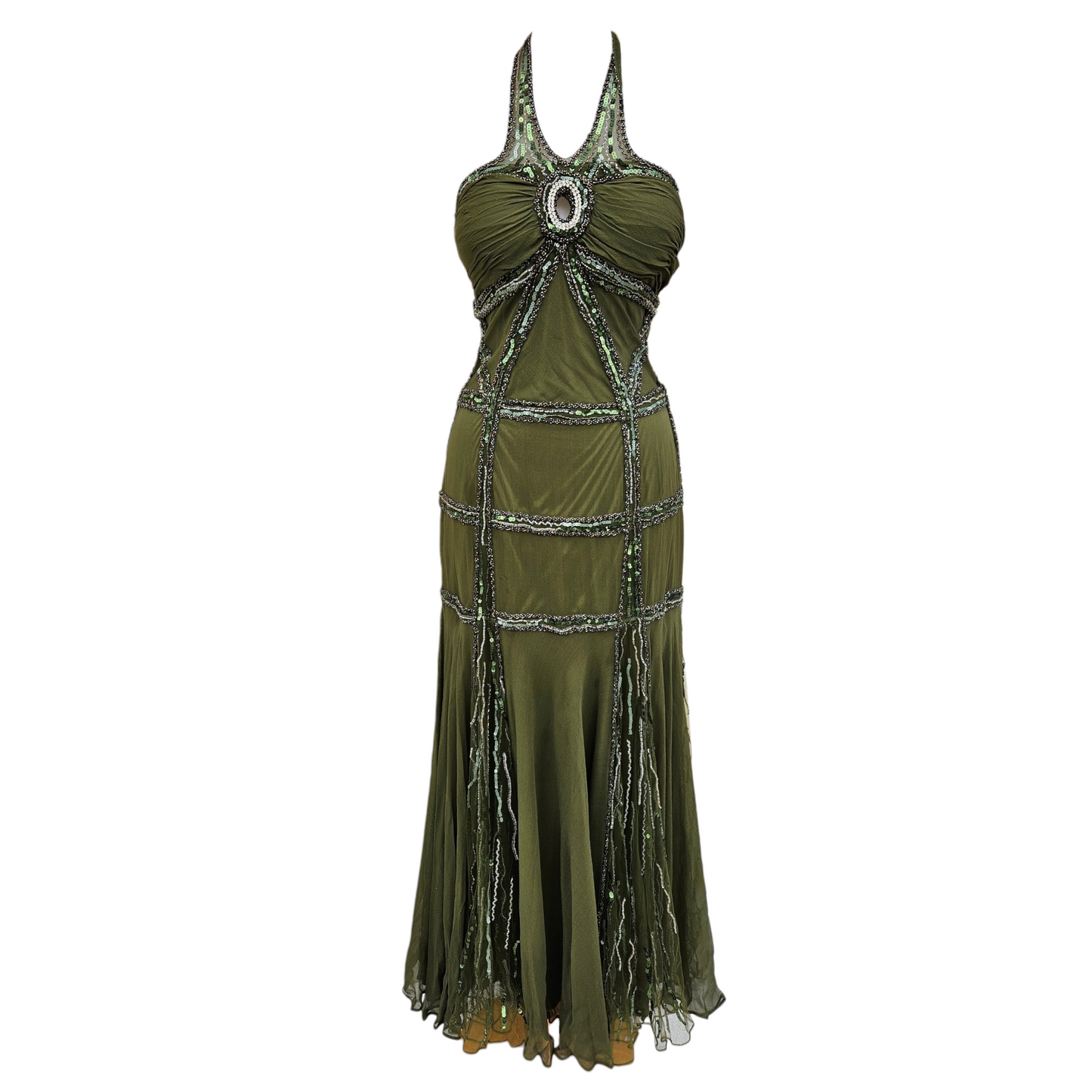 Green vintage beaded halter dress with flowing chiffon layers, mystical fairycore and whimsigoth energy, ethereal Y2K evening gown by Lucid Dream 2007