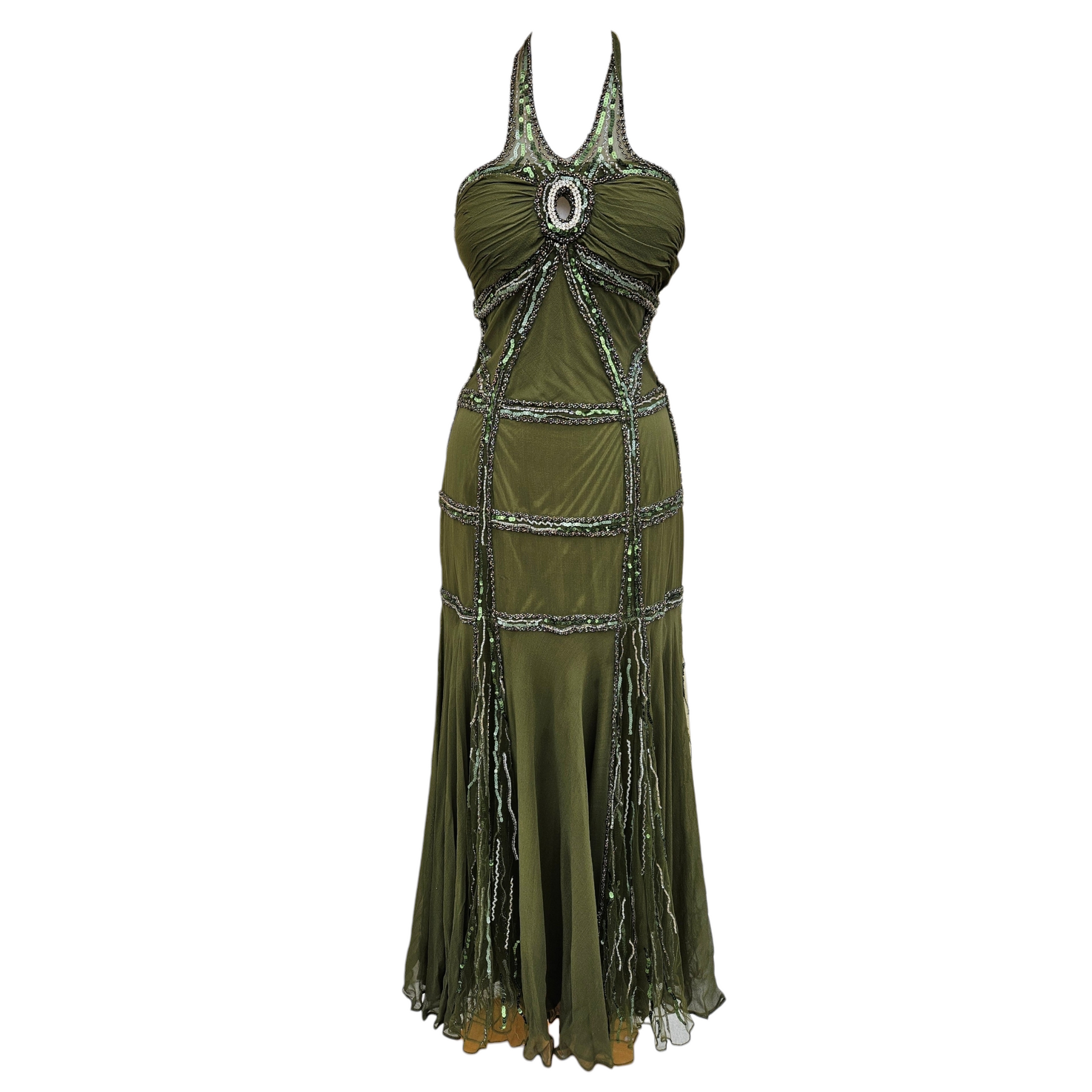 Green vintage beaded halter dress with flowing chiffon layers, mystical fairycore and whimsigoth energy, ethereal Y2K evening gown by Lucid Dream 2007