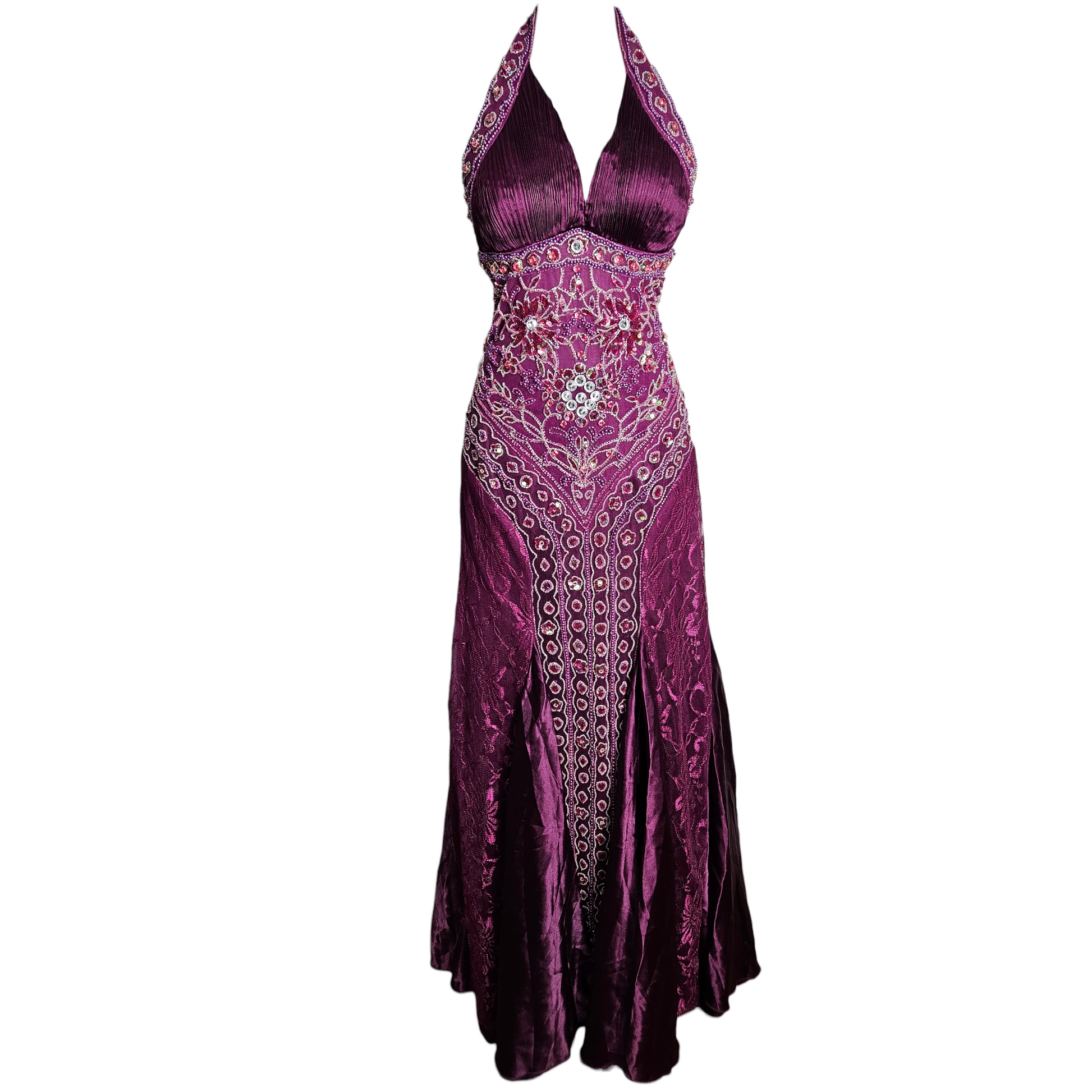 Purple vintage halter gown with beaded embroidery and satin flow, magical Y2K prom dress with fairycore and whimsigoth allure by Lucid Dream 2007