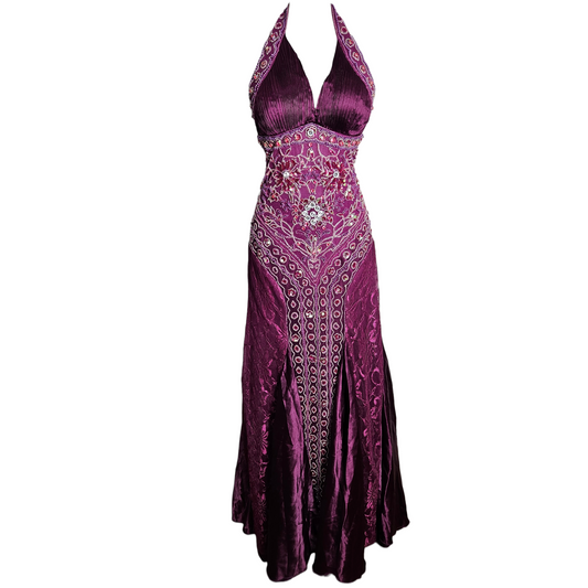 Purple vintage halter gown with beaded embroidery and satin flow, magical Y2K prom dress with fairycore and whimsigoth allure by Lucid Dream 2007