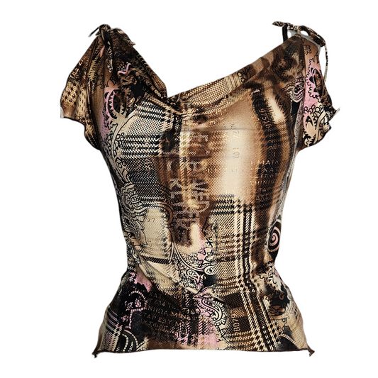 Y2K fitted mesh top with abstract brown and pink patchwork print, fairycore and whimsigoth vibes, stretchy sheer fabric, early 2000s aesthetic.