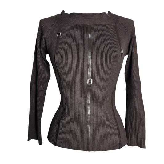 Brown ribbed vintage top with fitted silhouette and subtle metallic strap details, Y2K minimalist aesthetic by Lucid Dream 2007