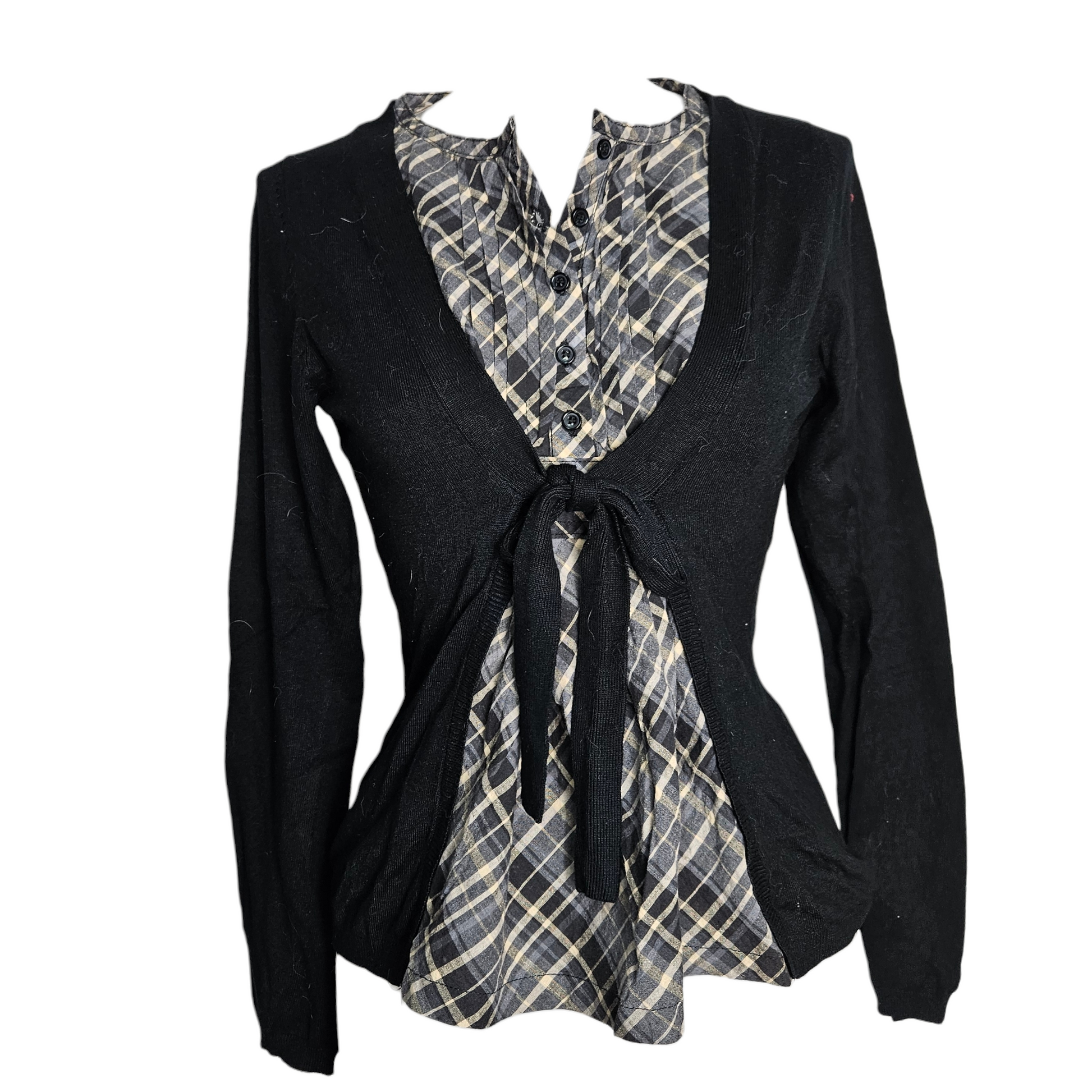 Vintage layered black cardigan with integrated plaid top, early 2000s fairycore and academic inspired silhouette, unique statement piece by Lucid Dream 2007