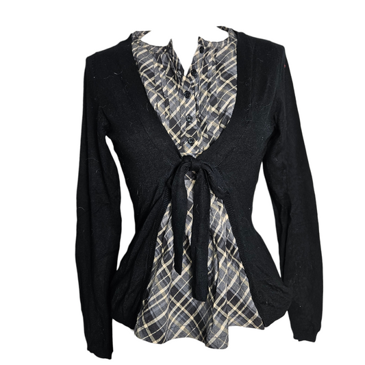 Vintage layered black cardigan with integrated plaid top, early 2000s fairycore and academic inspired silhouette, unique statement piece by Lucid Dream 2007