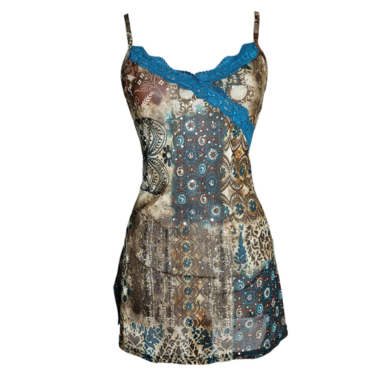 Vintage Y2K patchwork mesh top with turquoise lace trim, sparkly details and fitted silhouette, fairycore whimsigoth aesthetic by Lucid Dream 2007.