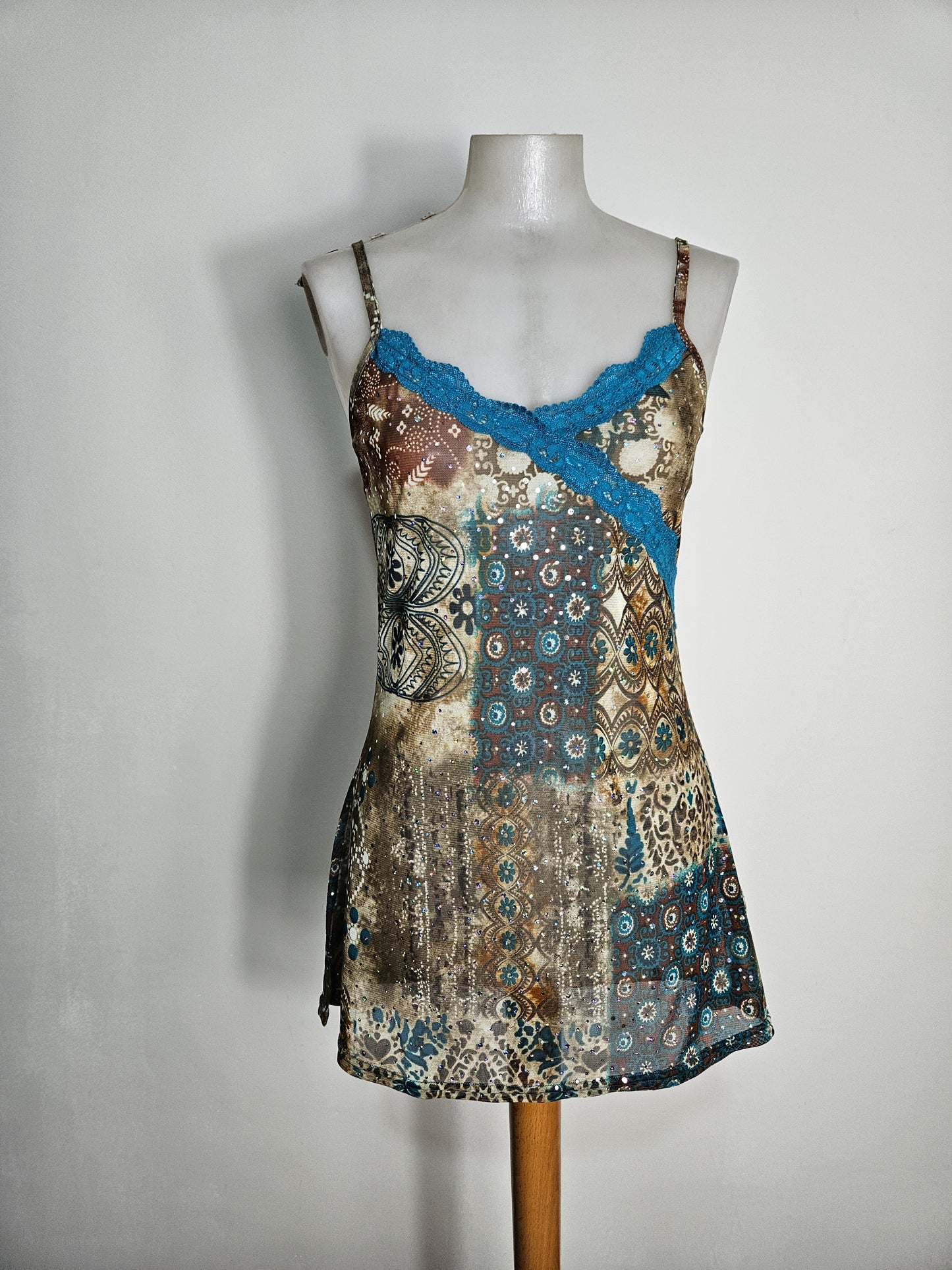 Haut en voile et strass marron & bleu