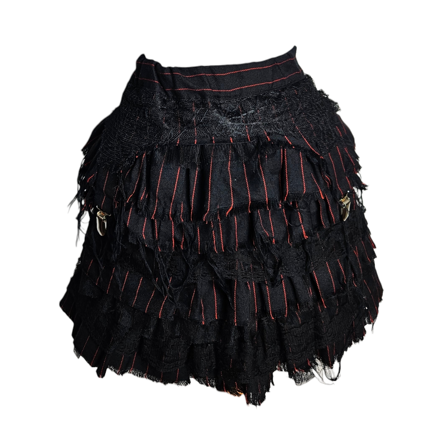 Black ruffled mini skirt with red pinstripes, layered lace and raw edges, dark fairycore and whimsigoth vibe, dramatic Y2K gothic aesthetic.