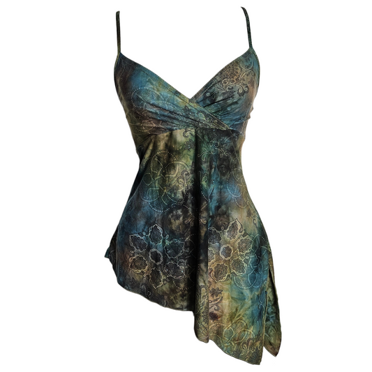 Green and blue asymmetrical camisole with paisley print and draped hem, stretchy y2k fairycore top with mystical vibe by Lucid Dream 2007
