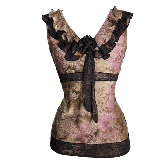 Vintage French floral mesh top with lace trims and tie front, whimsigoth fairycore vibes, fitted silhouette by Lucid Dream 2007.