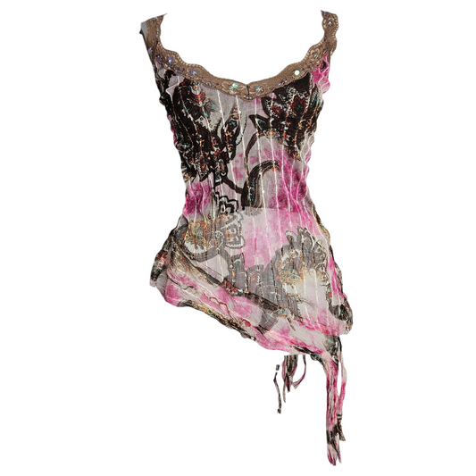 Vintage sheer asymmetrical top with pink and brown abstract print, sparkly trim and fairycore whimsigoth Y2K vibe by Lucid Dream 2007.