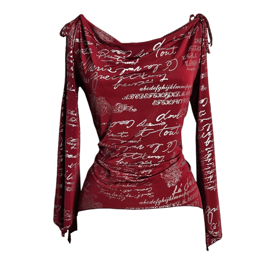Red vintage Y2K long sleeve top with script print and tie shoulder details, fitted silhouette and romantic gothic vibe by Lucid Dream 2007