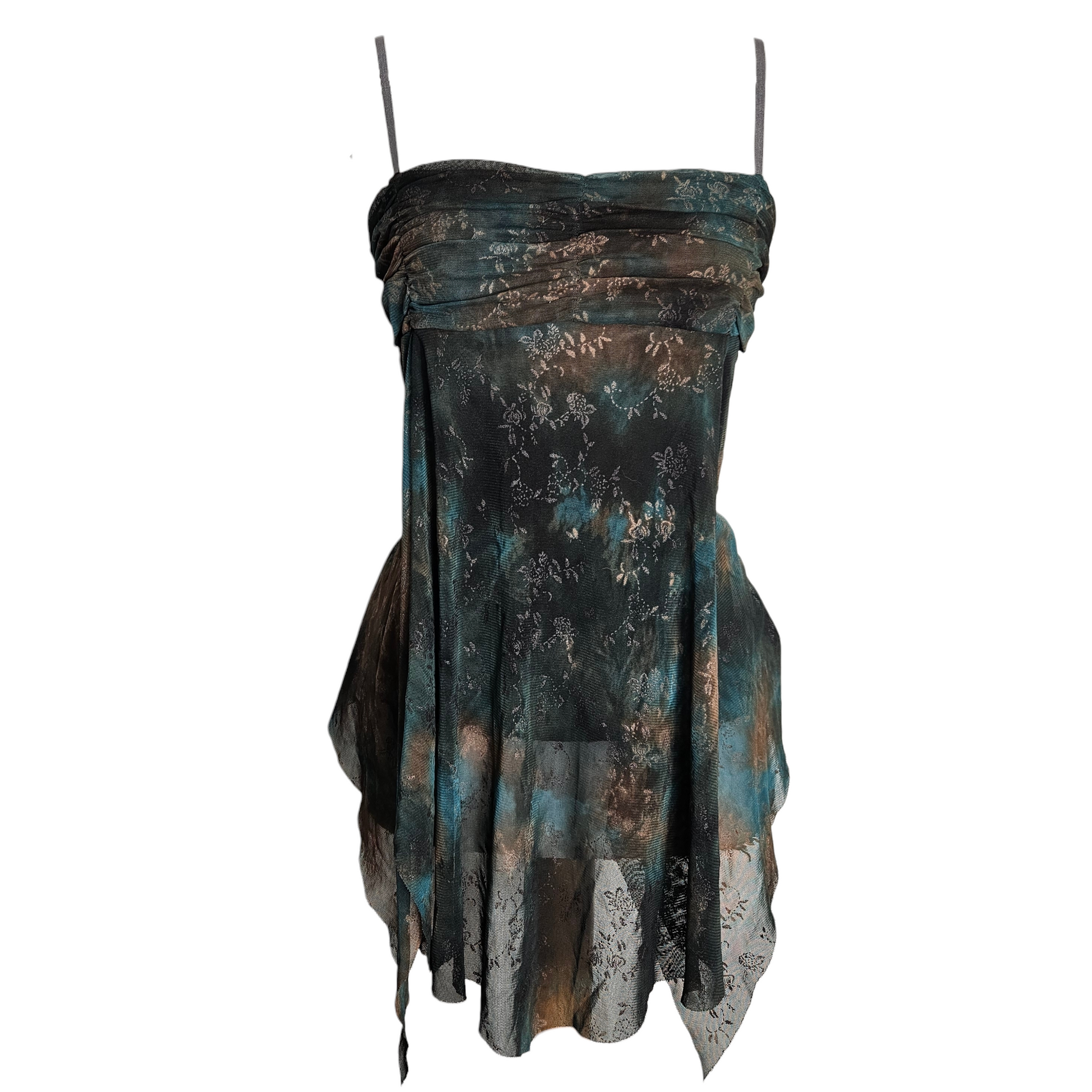 Vintage Y2K sheer floral asymmetrical mesh top with adjustable straps and moody green brown tones, fairycore whimsigoth aesthetic, by Lucid Dream 2007