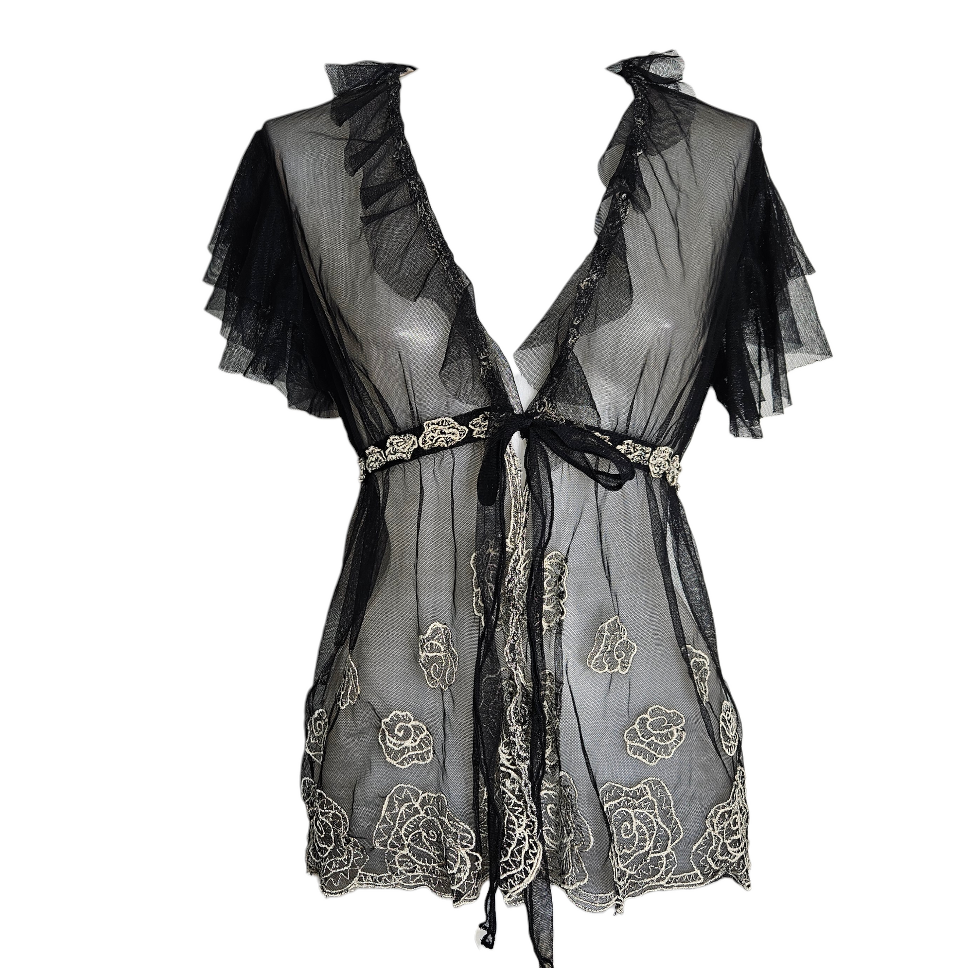 Sheer black embroidered mesh top with ruffled sleeves and tie front, romantic fairycore and whimsigoth vintage vibe, delicate floral details.