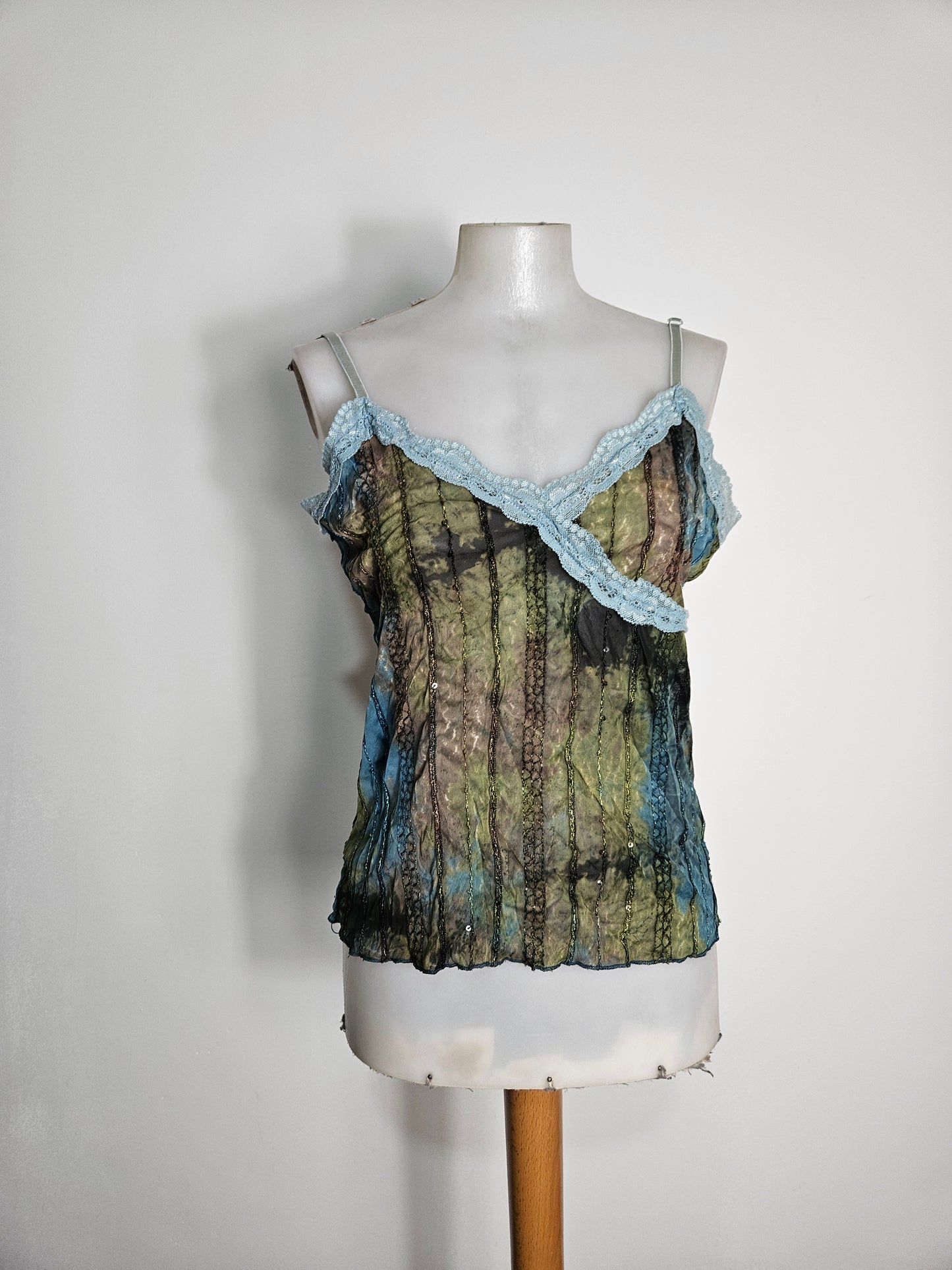 Haut en voile et dentelle bleu-marron