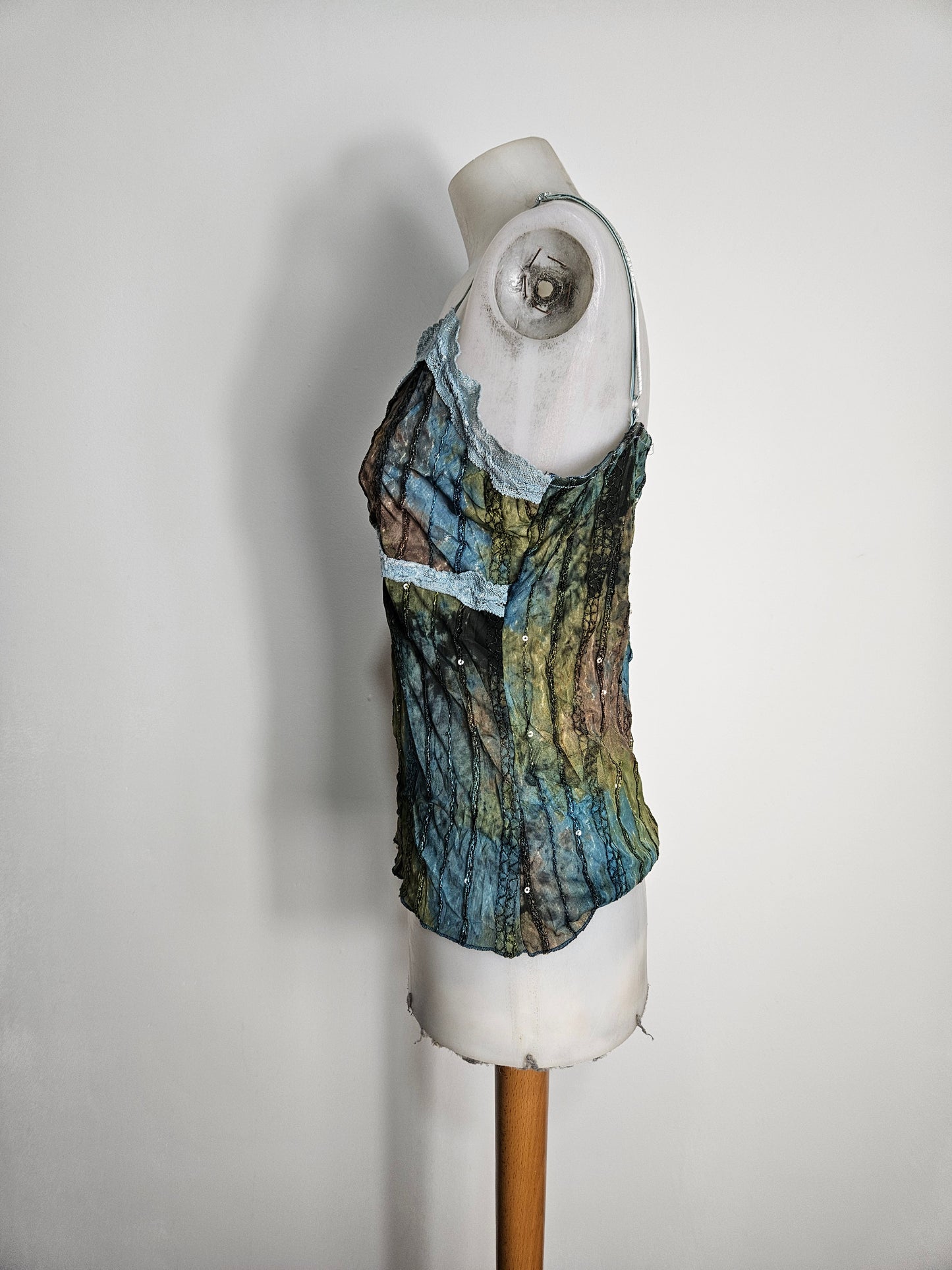 Haut en voile et dentelle bleu-marron