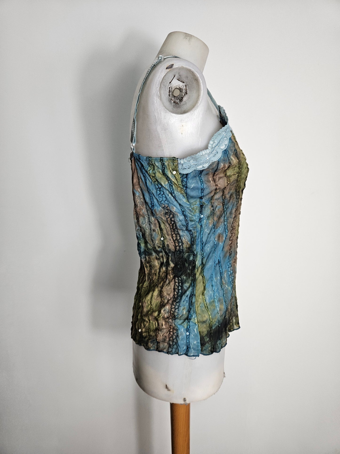 Haut en voile et dentelle bleu-marron