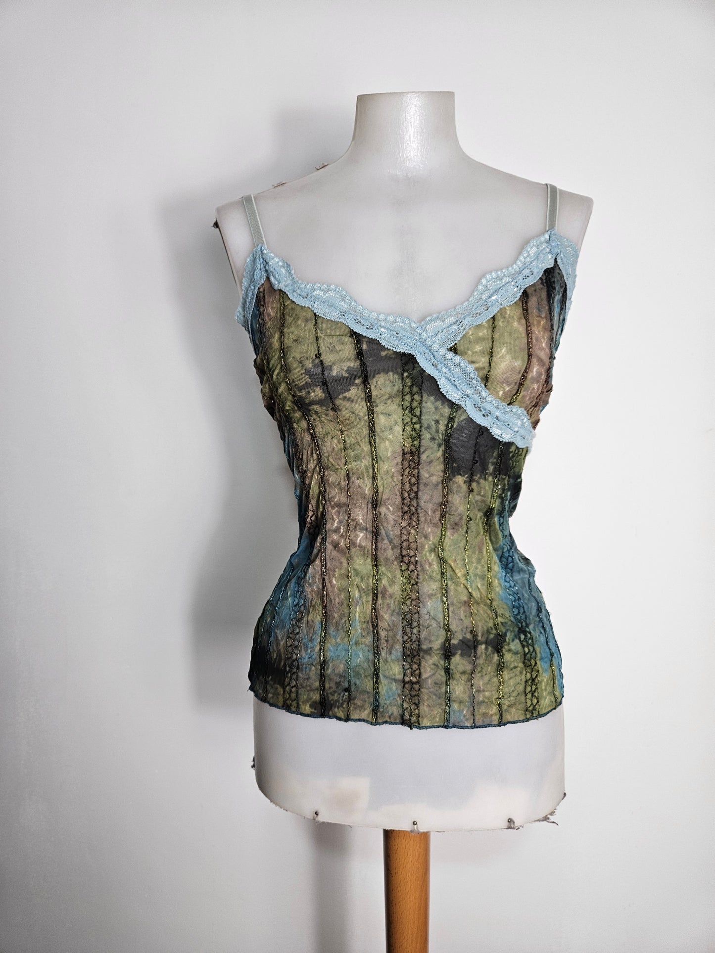 Haut en voile et dentelle bleu-marron