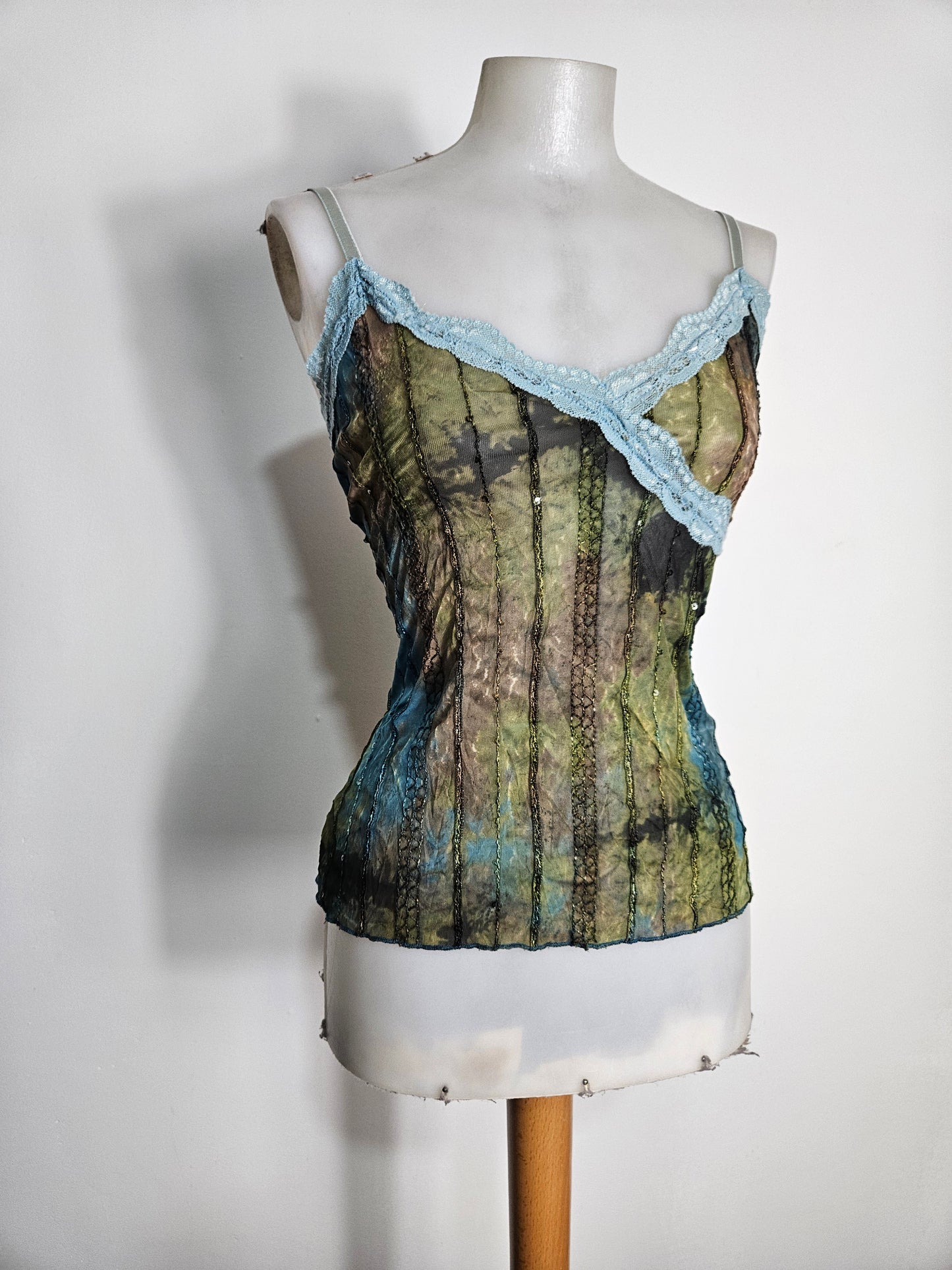 Haut en voile et dentelle bleu-marron