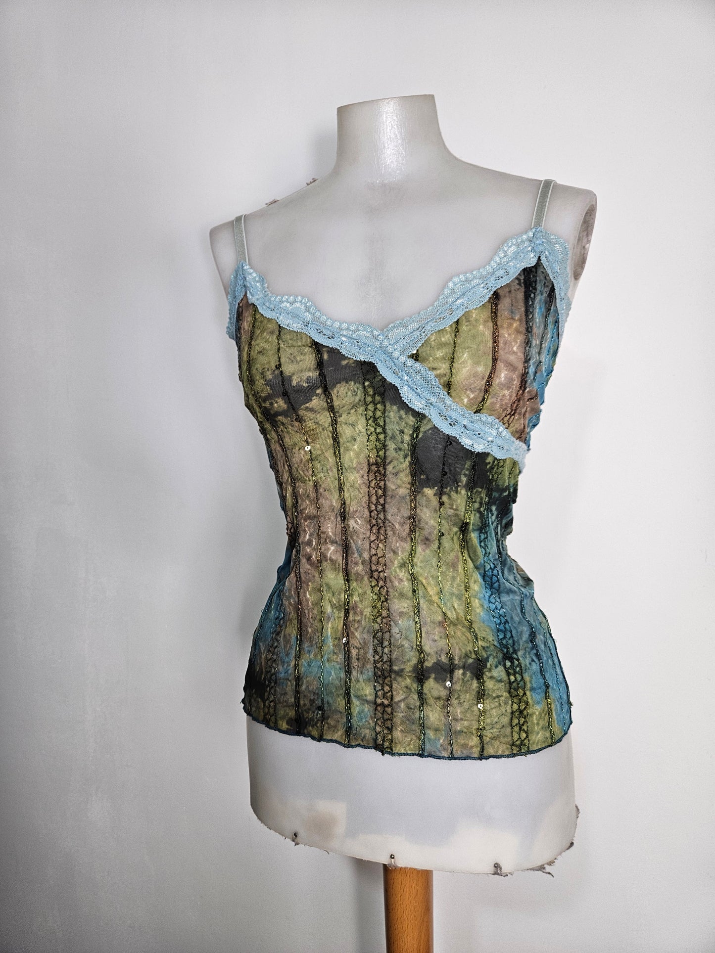 Haut en voile et dentelle bleu-marron