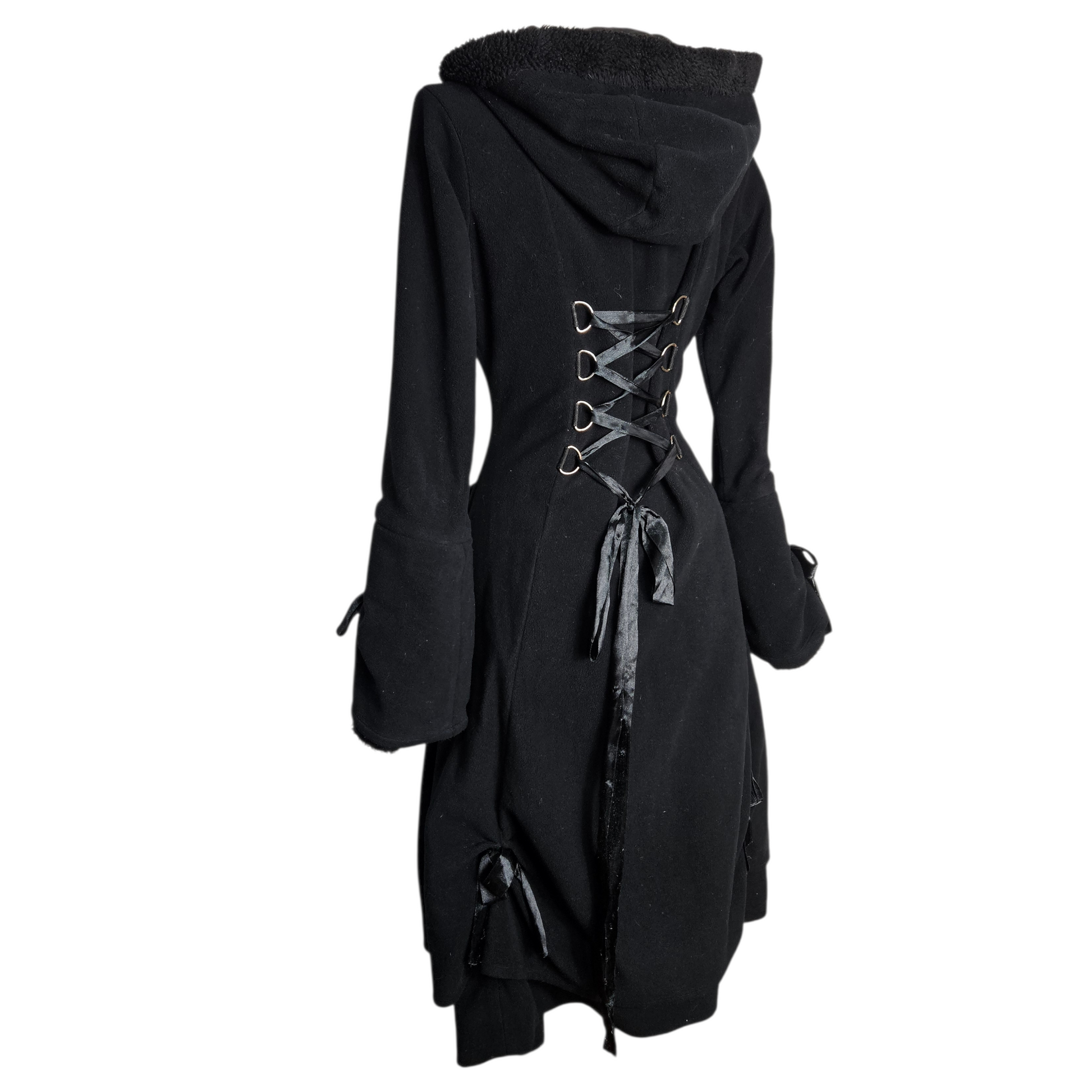 Black gothic style long coat with corset lace-up back, hood and ribbon details, whimsigoth fairycore vibe, dramatic silhouette and dark romantic aesthetic.