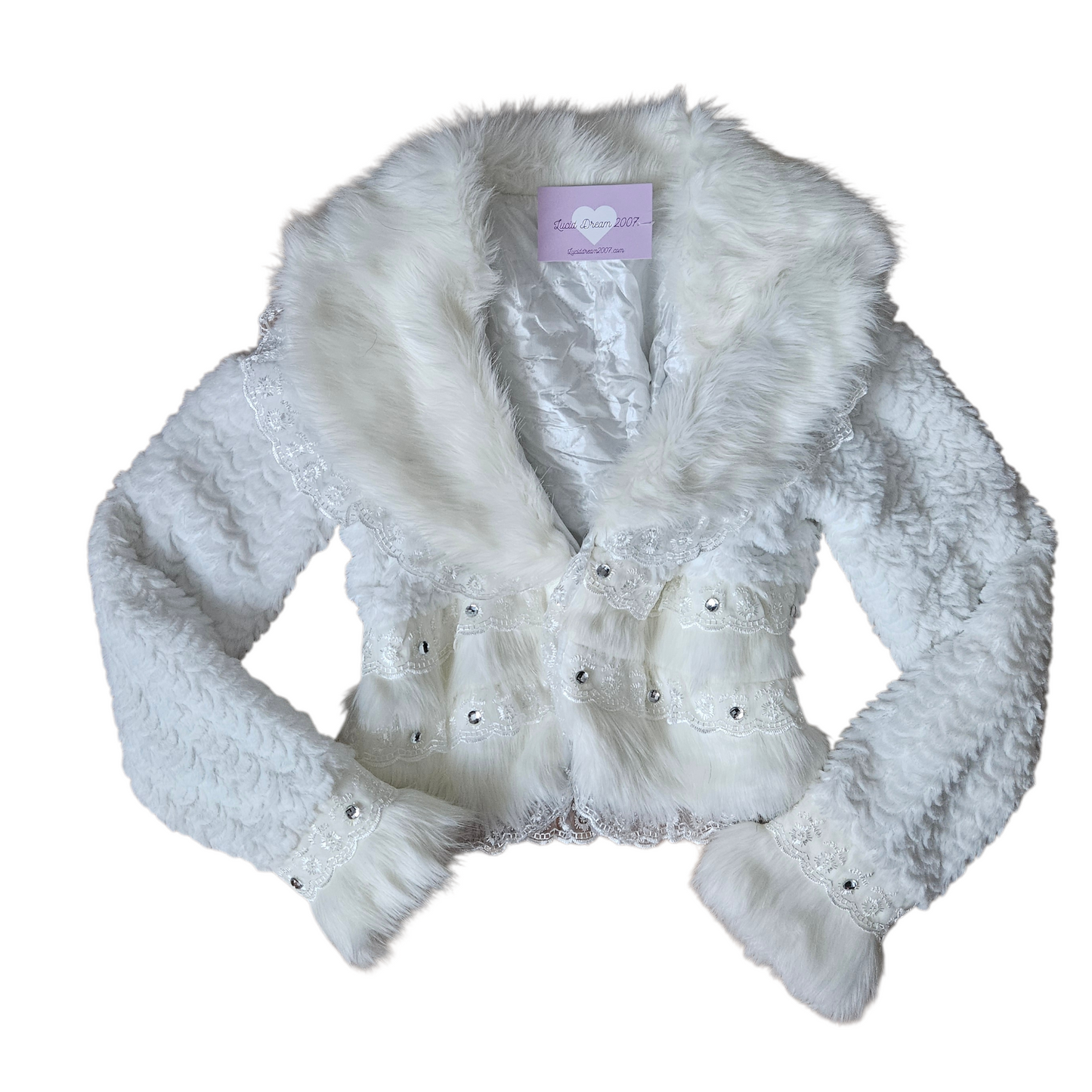 White vintage faux fur jacket with lace trim and rhinestone details, fairycore winter bolero aesthetic by Lucid Dream 2007