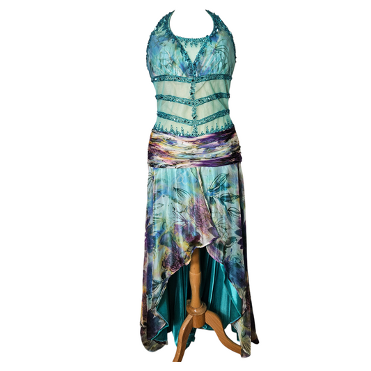 Turquoise beaded halter neck maxi dress with sheer bodice and flowing floral skirt, fairycore Y2K evening gown by Lucid Dream 2007