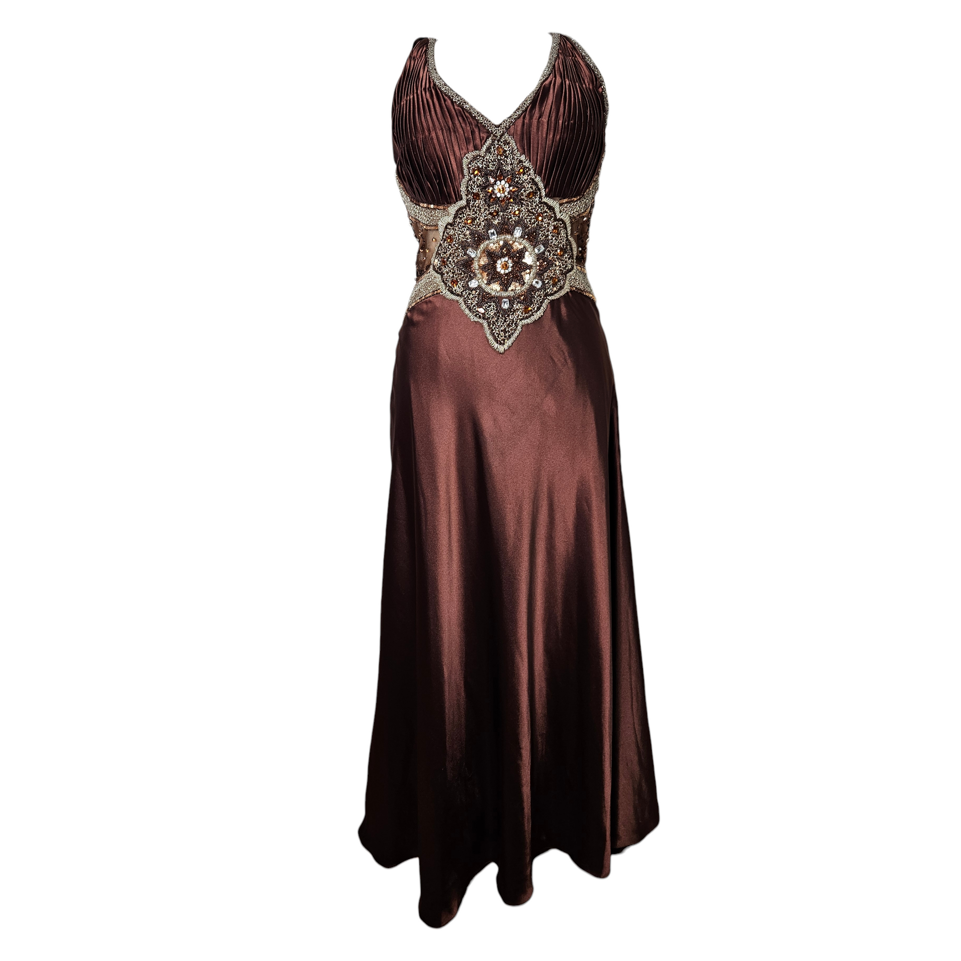 Chocolate brown embellished evening dress with sheer mesh panels and ornate beadwork, dreamy fairycore elegance with a vintage Y2K eveningwear vibe.