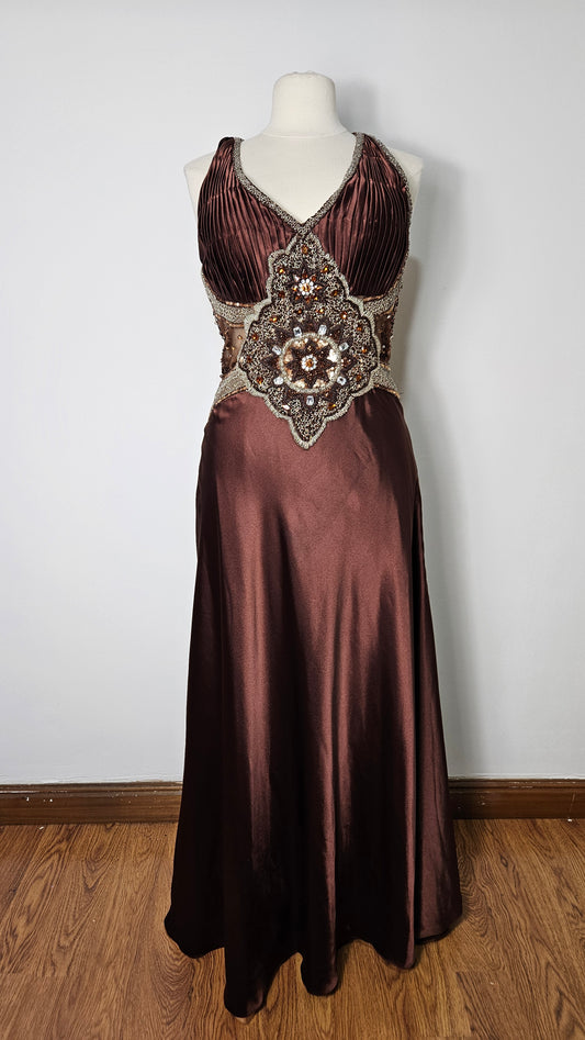 Long brown satin and embroidered dress