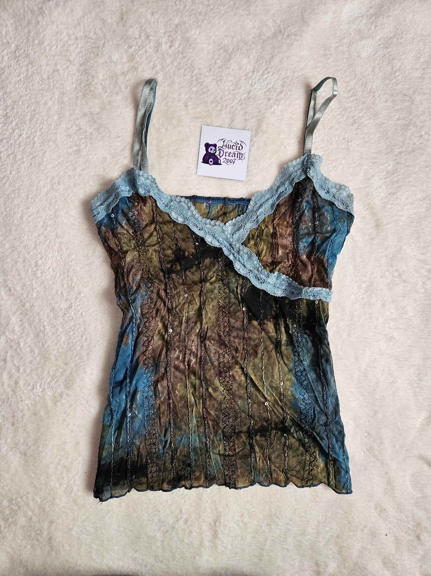 Haut en voile et dentelle bleu-marron