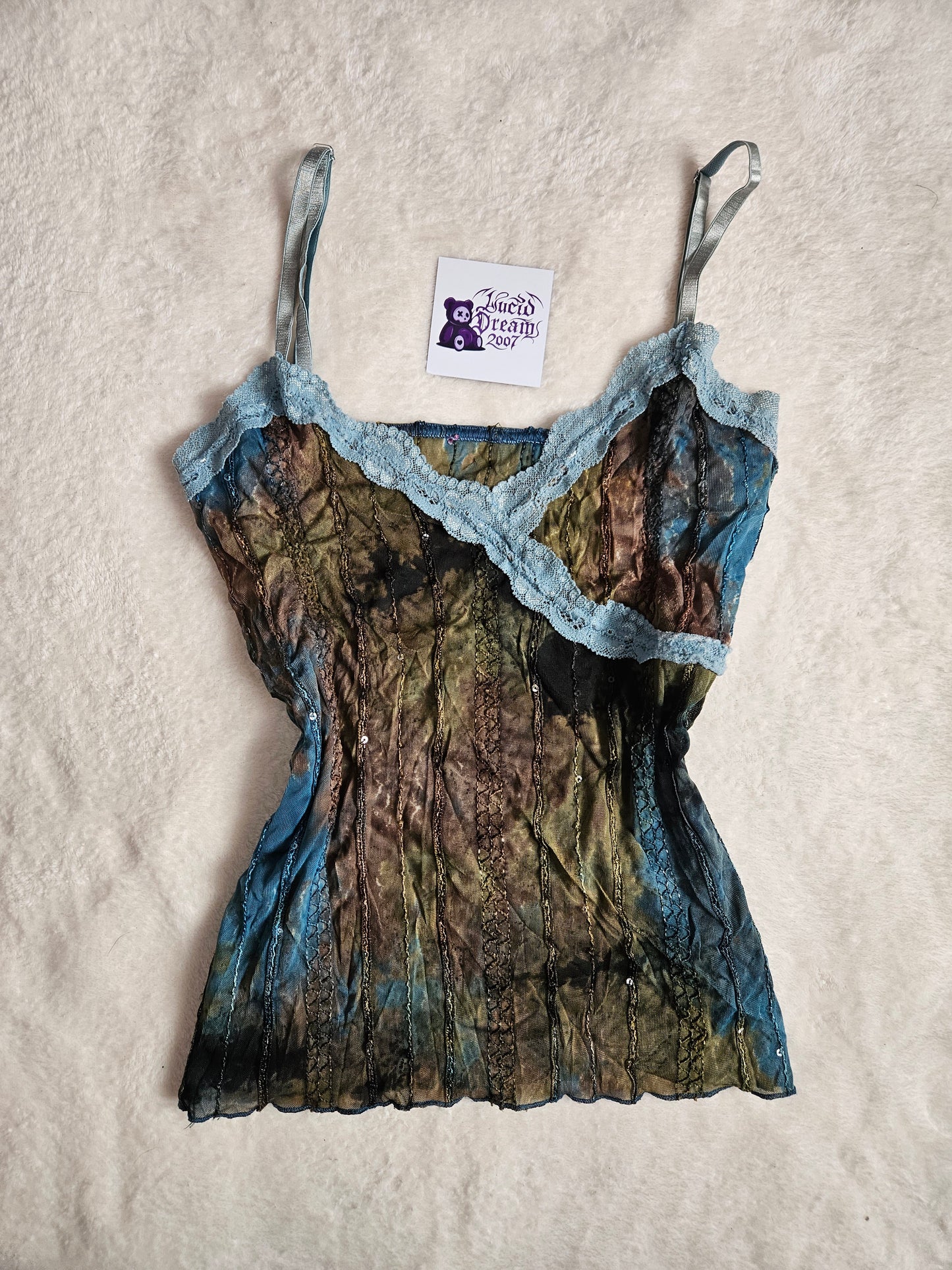 Haut en voile et dentelle bleu-marron