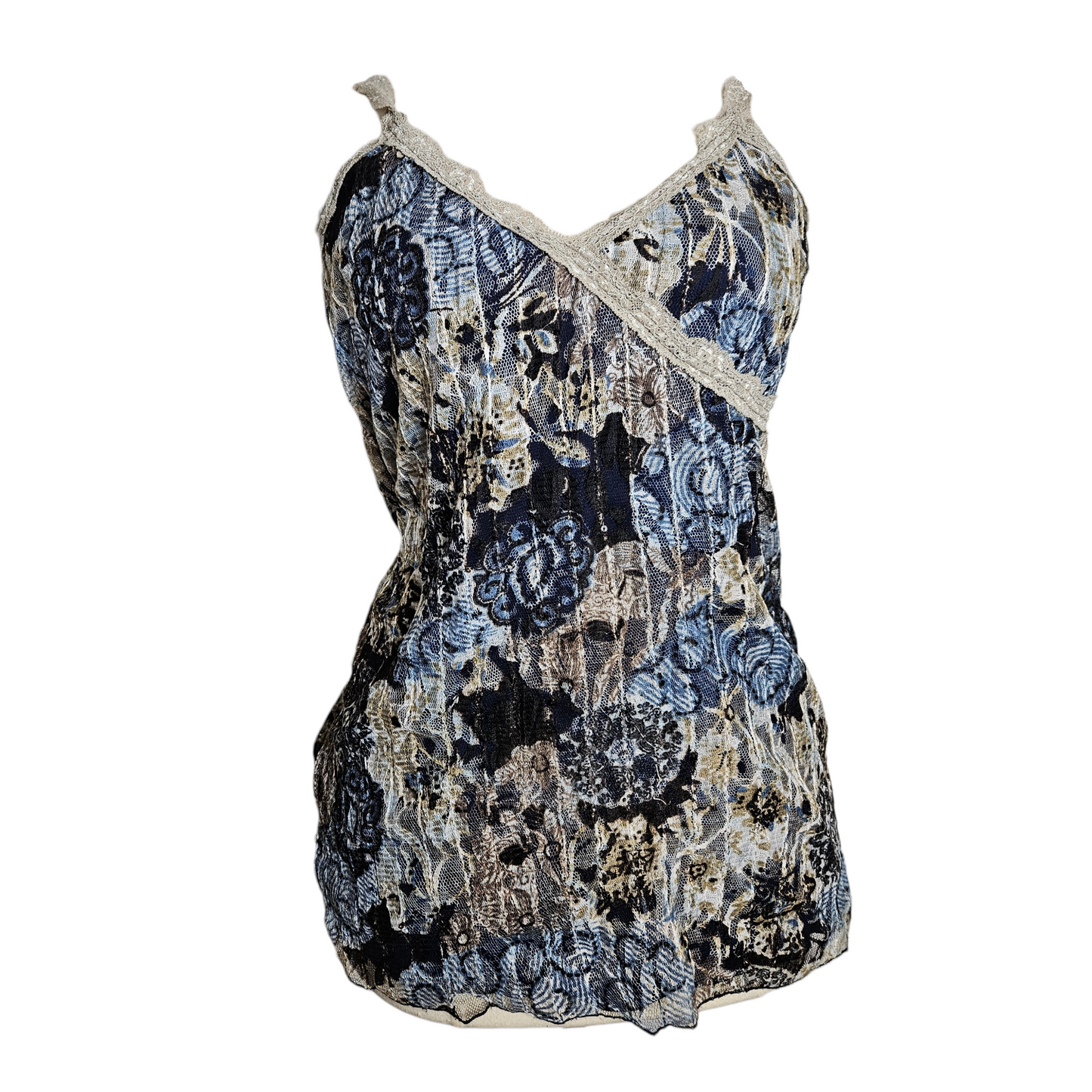 Vintage blue floral crinkled camisole with lace trim, Y2K fairycore top with soft whimsical and romantic vibes by Lucid Dream 2007