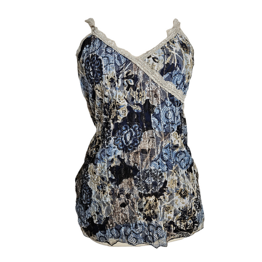 Vintage blue floral crinkled camisole with lace trim, Y2K fairycore top with soft whimsical and romantic vibes by Lucid Dream 2007