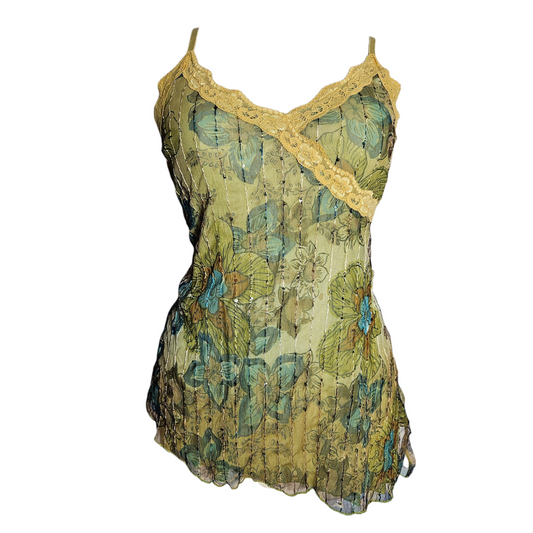 Vintage green floral Y2K camisole with lace trim and crinkled fabric, fairycore slip top with whimsical and soft romantic vibes by Lucid Dream 2007