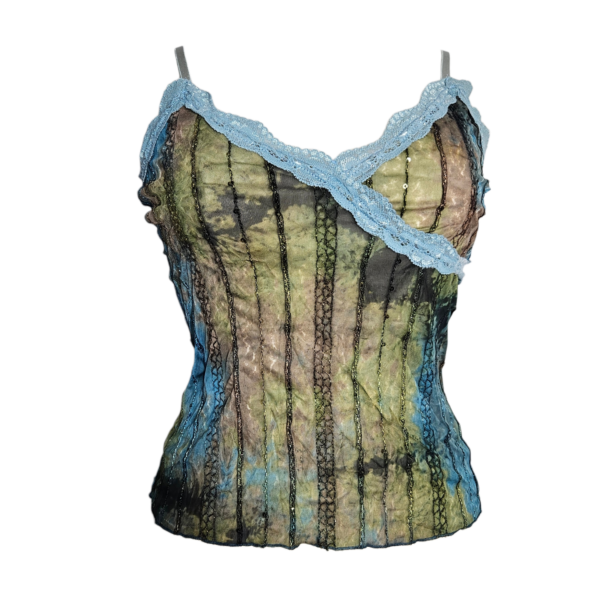Sheer vintage mesh camisole with abstract green and blue tones, lace trim neckline and fairycore whimsigoth aesthetic.