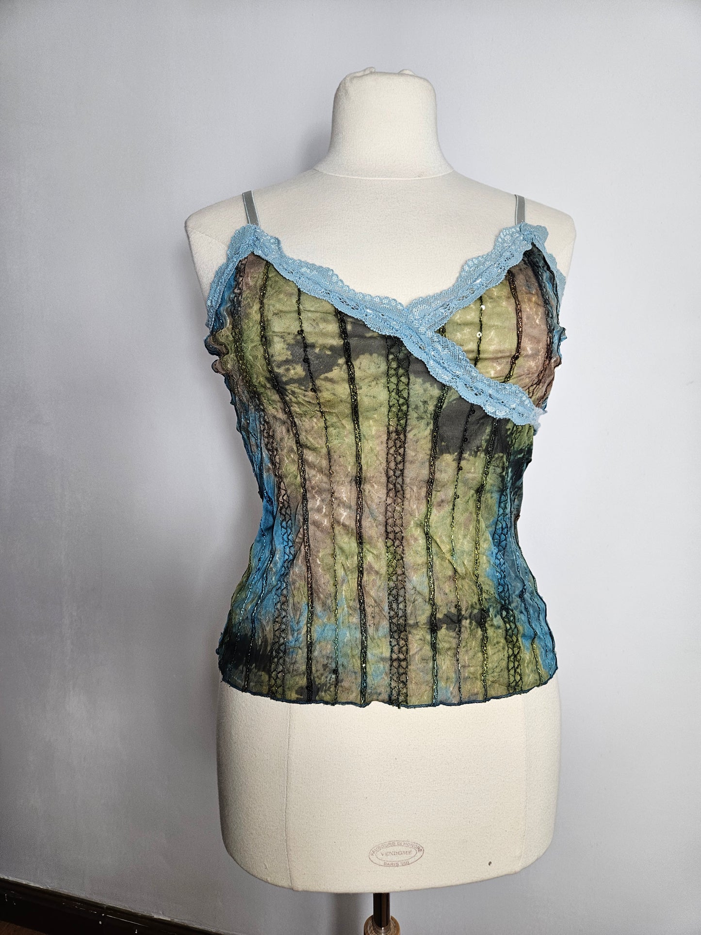 Haut en voile et dentelle bleu-marron