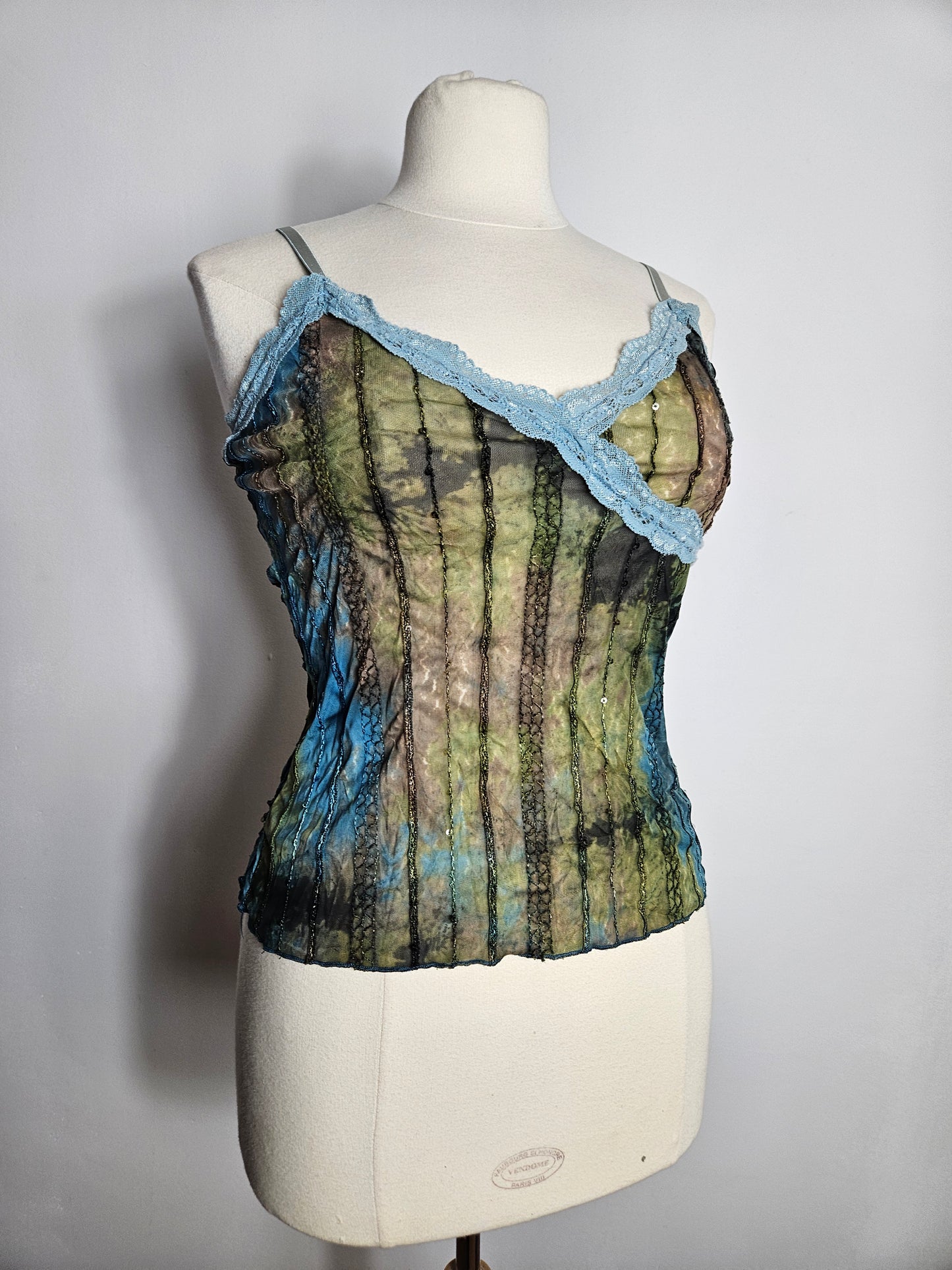 Haut en voile et dentelle bleu-marron