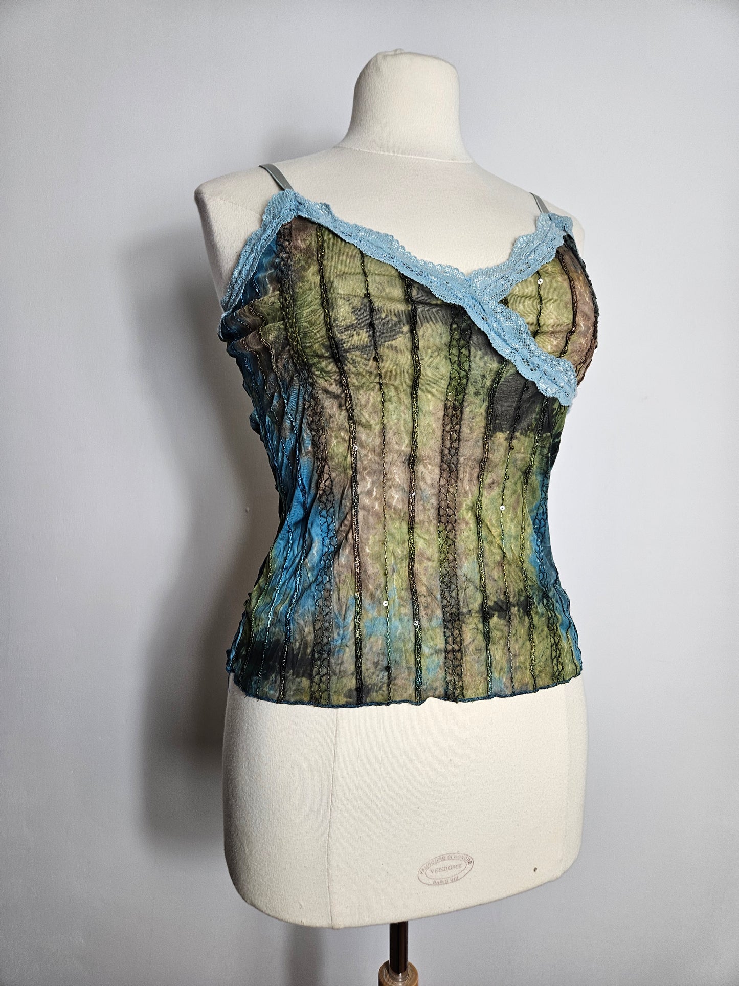 Haut en voile et dentelle bleu-marron