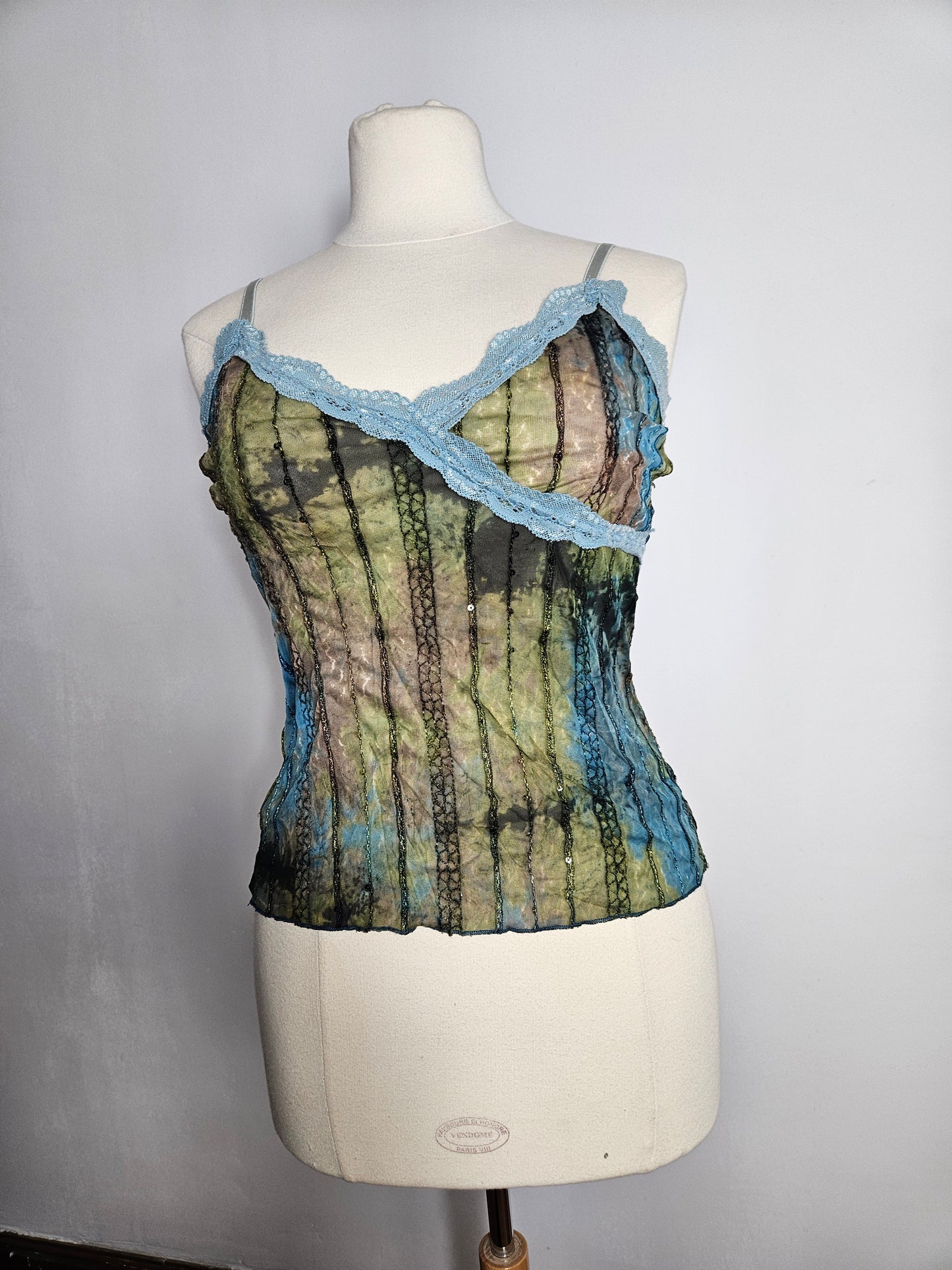 Haut en voile et dentelle bleu-marron