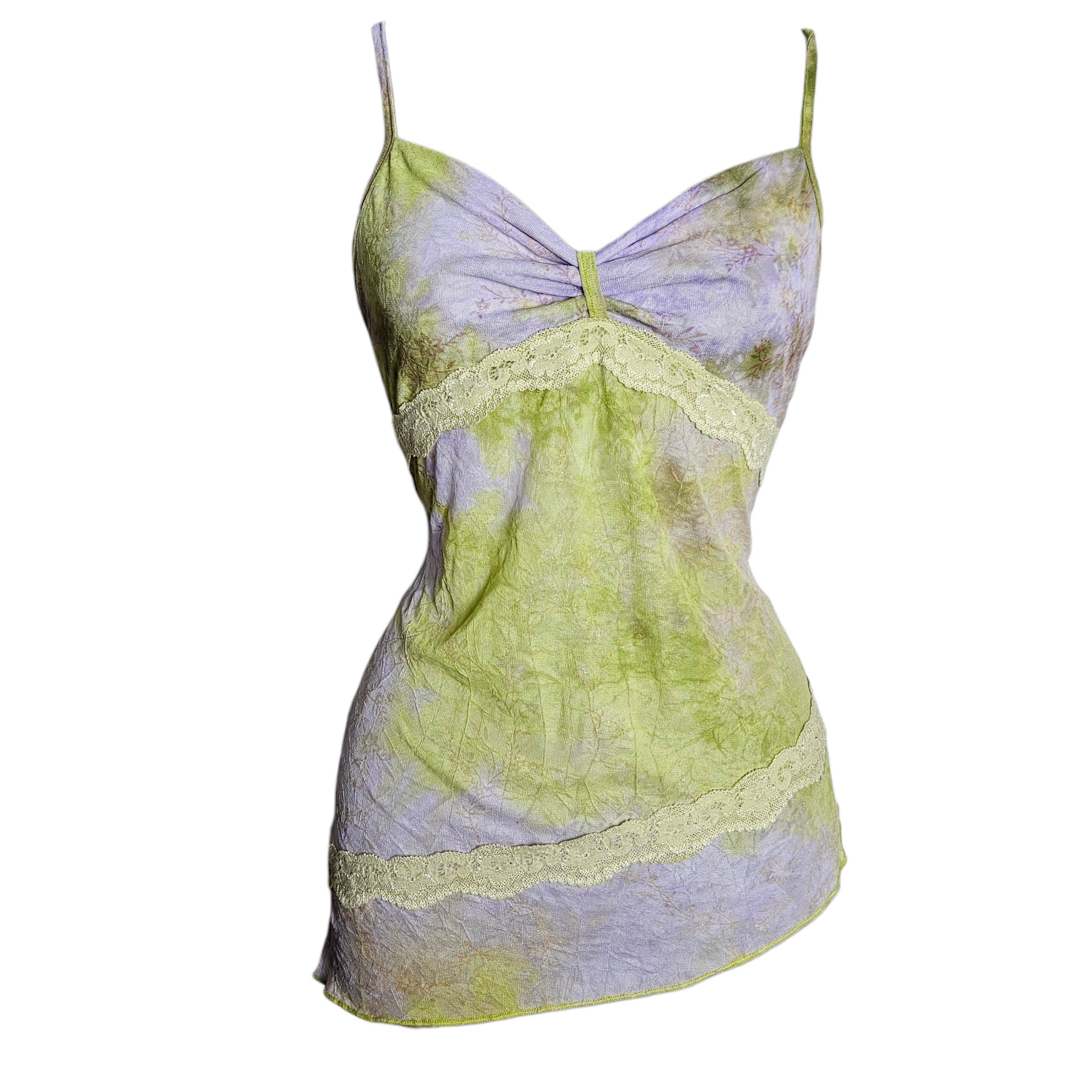 Vintage pastel slip dress with green and lilac tones, sheer fabric and lace details, soft Y2K fairycore summer vibes by Lucid Dream 2007