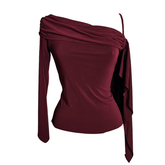Burgundy asymmetrical vintage top with one-shoulder design, braided strap and flowing sleeve detail, elegant Y2K evening style by Lucid Dream 2007.
