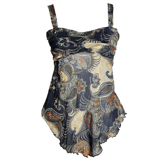 Vintage paisley printed top with flowy asymmetrical hem and bohemian Y2K vibes, soft lightweight fabric by Lucid Dream 2007.