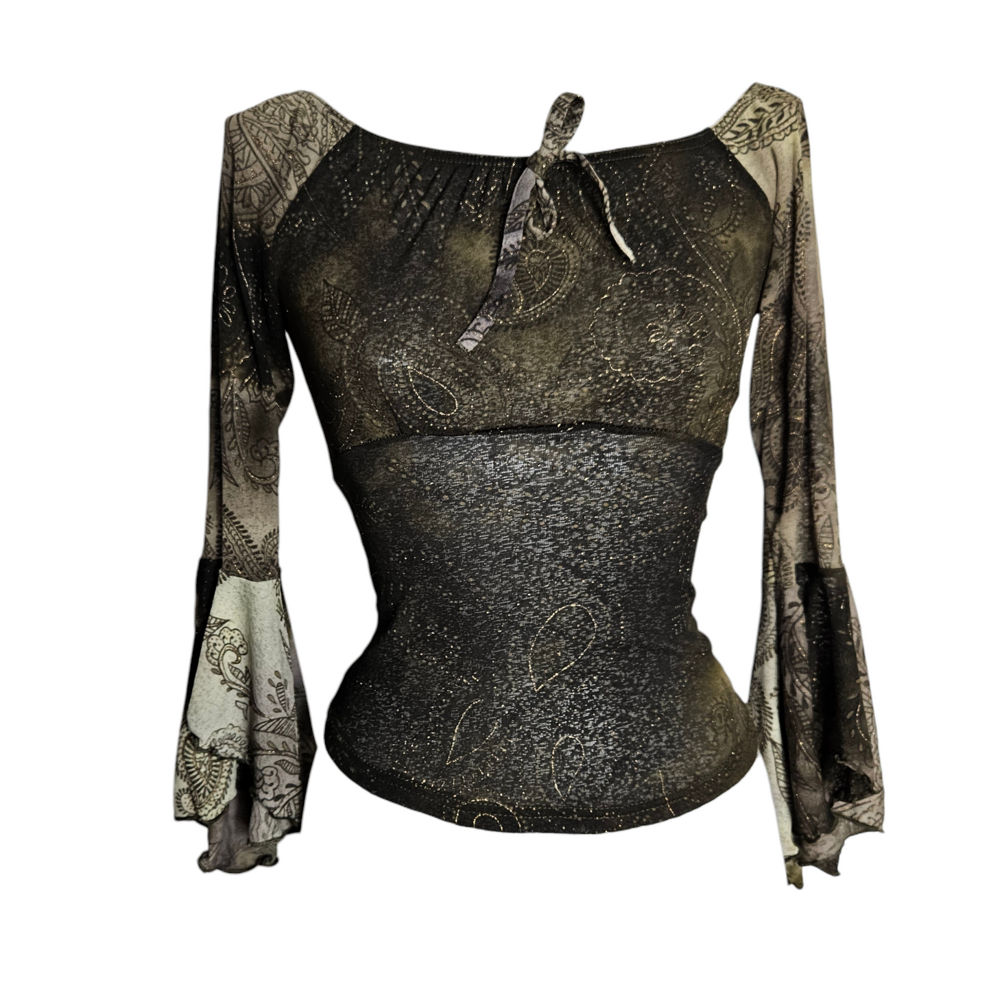 Vintage olive green mesh top with abstract prints and subtle shimmer, whimsigoth Y2K long sleeve top with fairycore vibes by Lucid Dream 2007