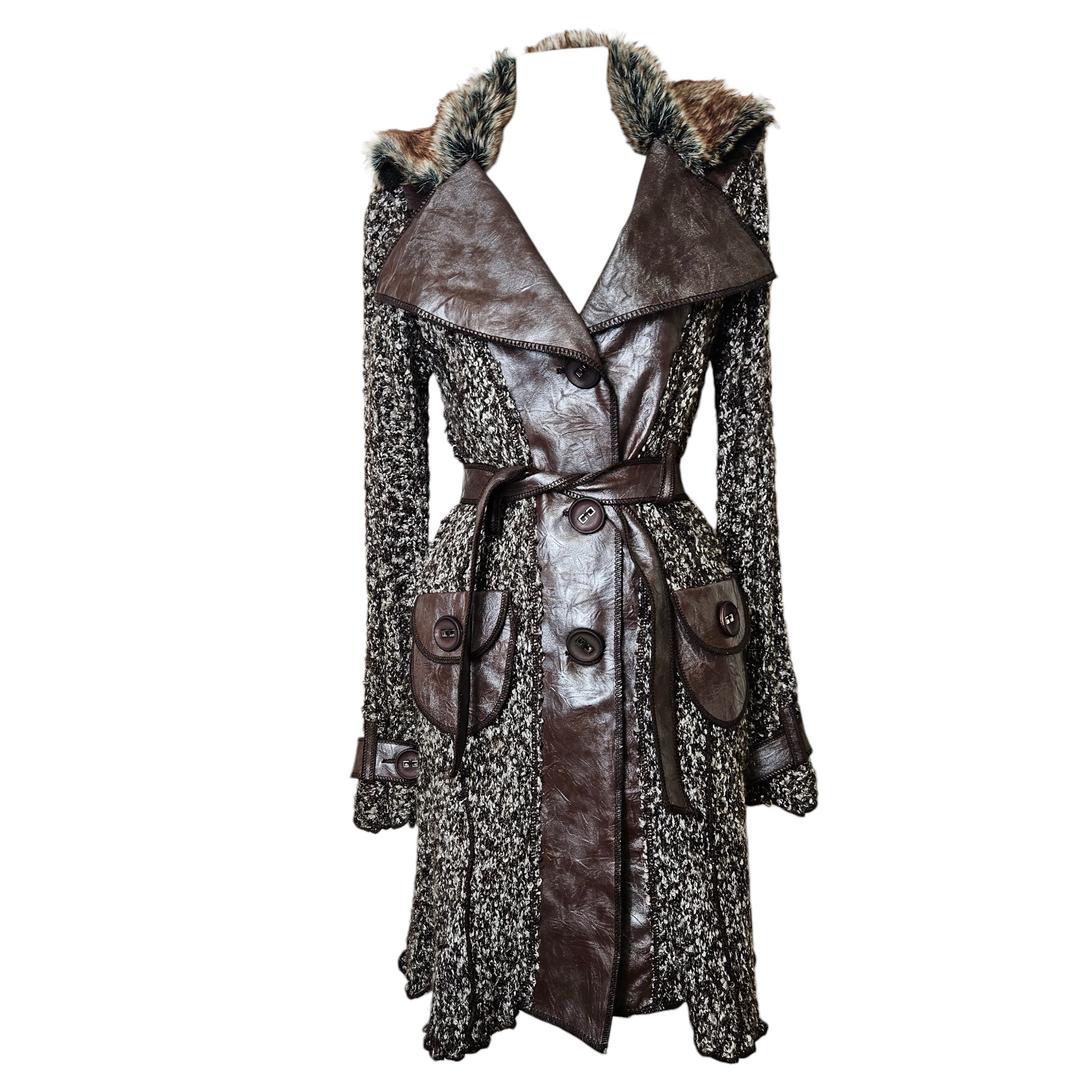 Vintage brown bouclé coat with faux leather panels and fur trim collar, cozy Y2K winter piece with whimsigoth and earthy fairycore vibes by Lucid Dream 2007