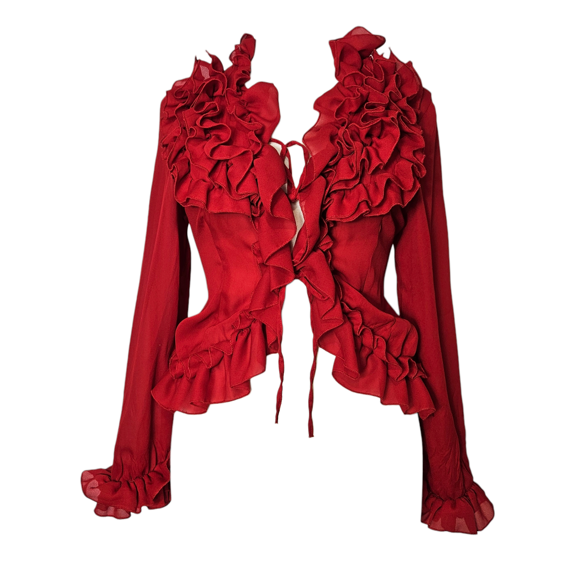 Vintage red ruffled blouse with tie-front detail and sheer flowing fabric, romantic Y2K fairycore and whimsigoth statement piece by Lucid Dream 2007