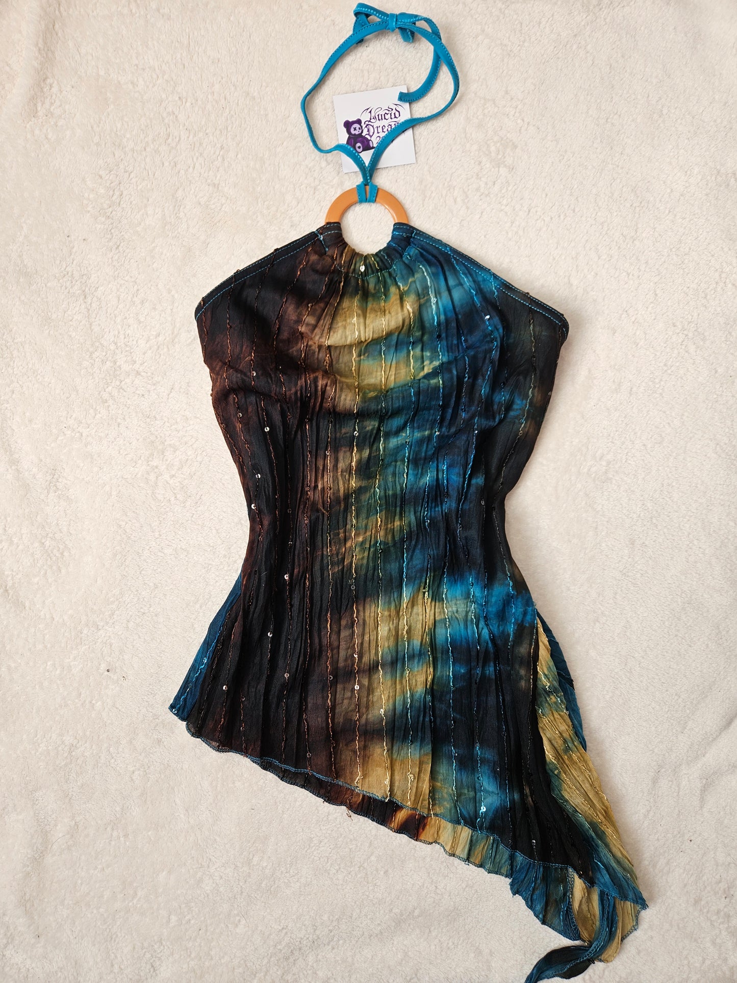 Asymmetric tie-dye top in blue and brown