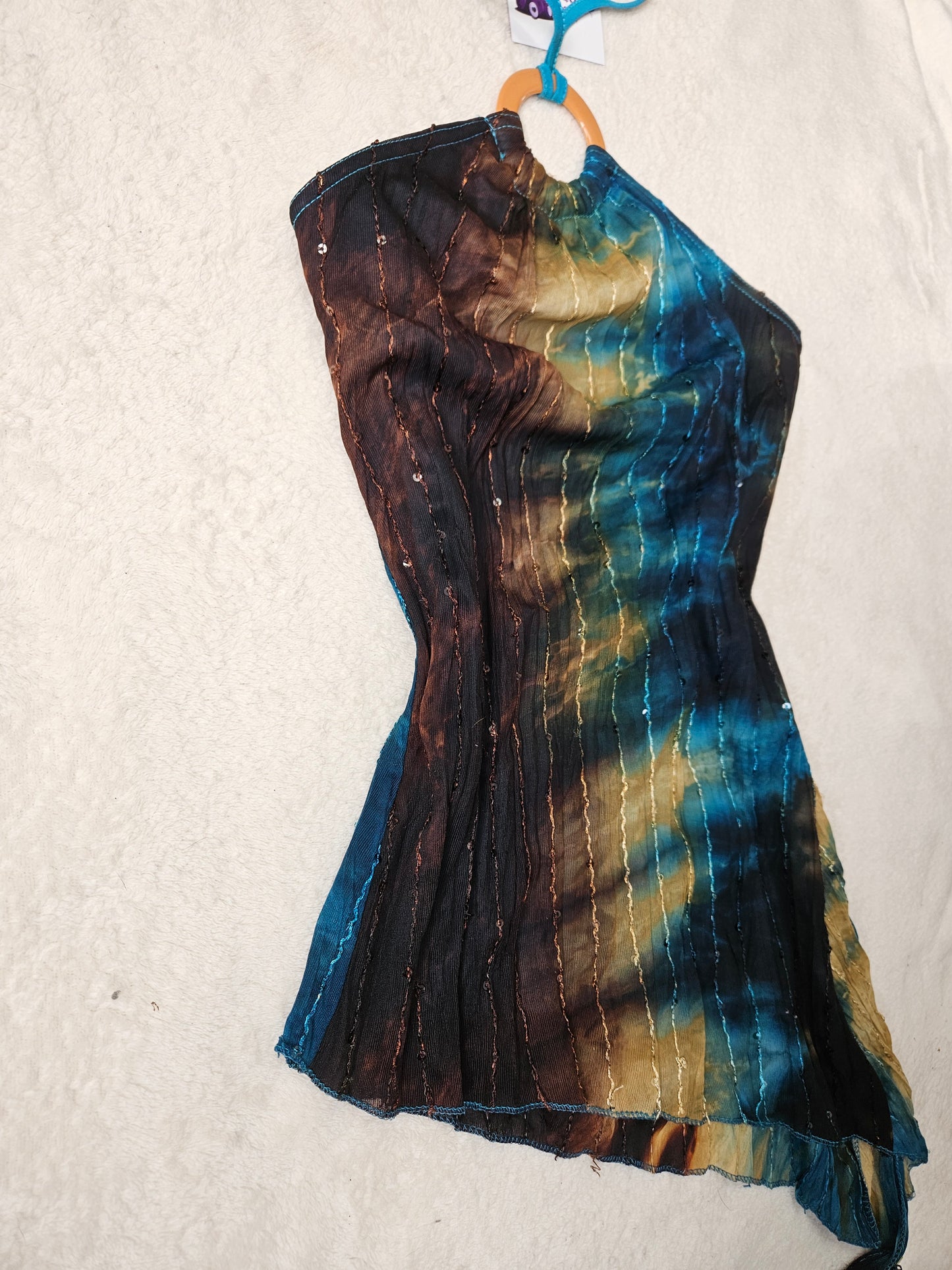 Asymmetric tie-dye top in blue and brown