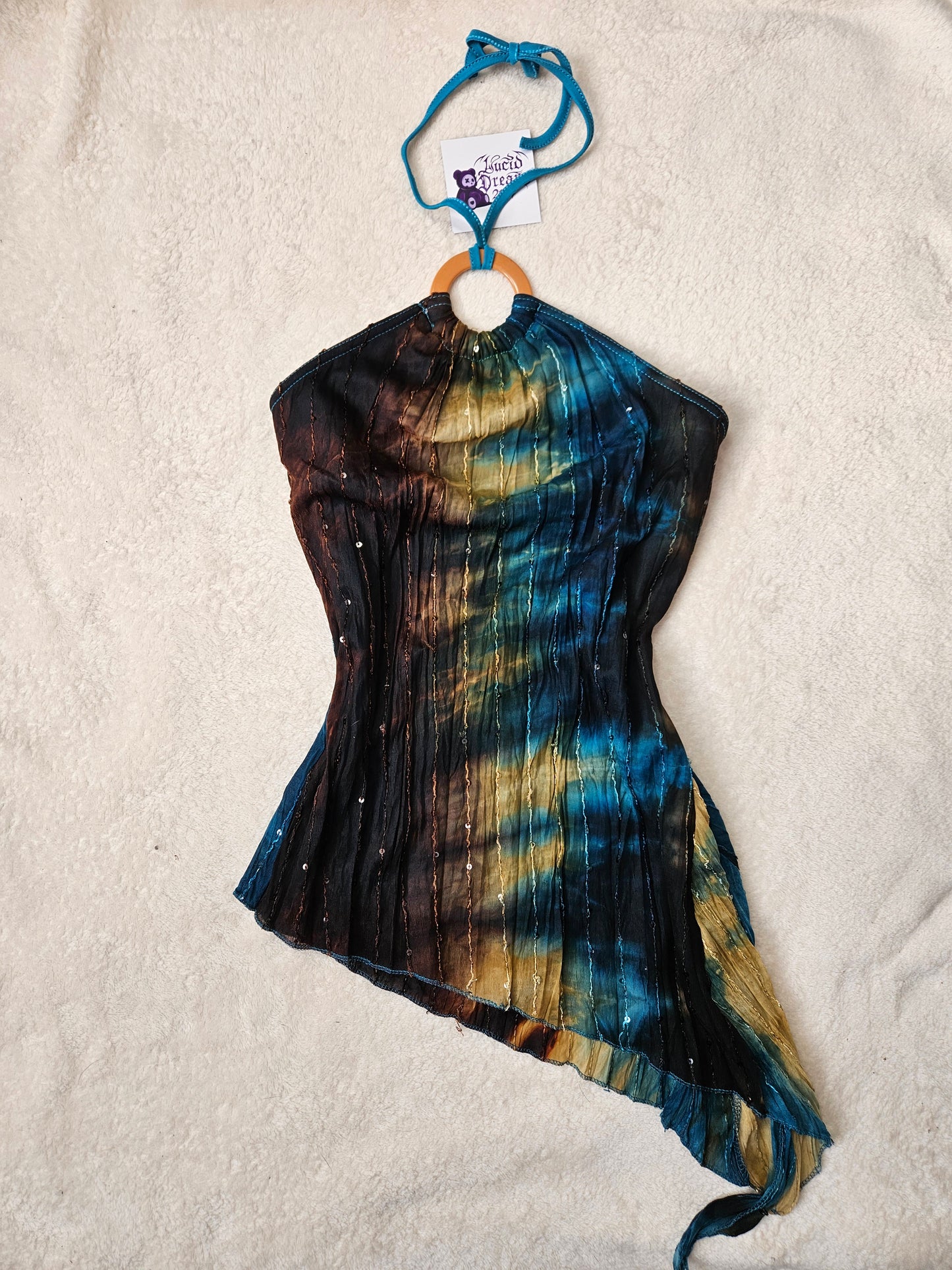 Asymmetric tie-dye top in blue and brown